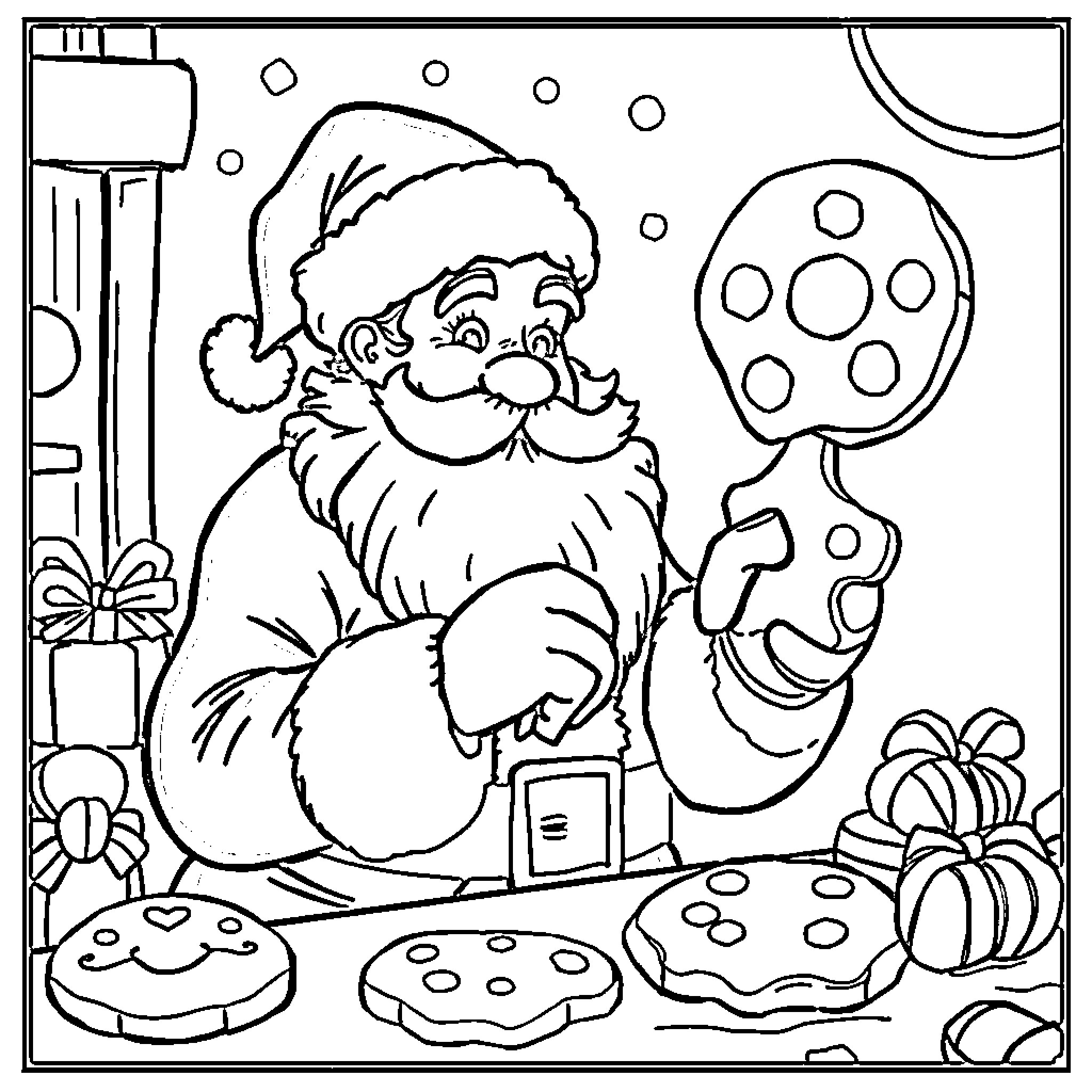 Santa with Festive Treats and Toys Coloring Page (free black-and-white line drawing printable PDF for all, from beginners to advanced learners, including children, teens, adults, and seniors)