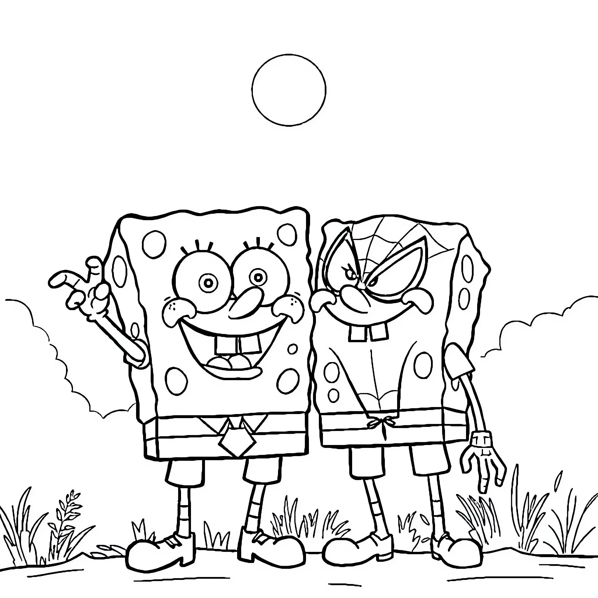 Spongebob and Patrick having fun in the outdoors Coloring Page (free black-and-white line drawing printable PDF for all, from beginners to advanced learners, including children, teens, adults, and seniors)