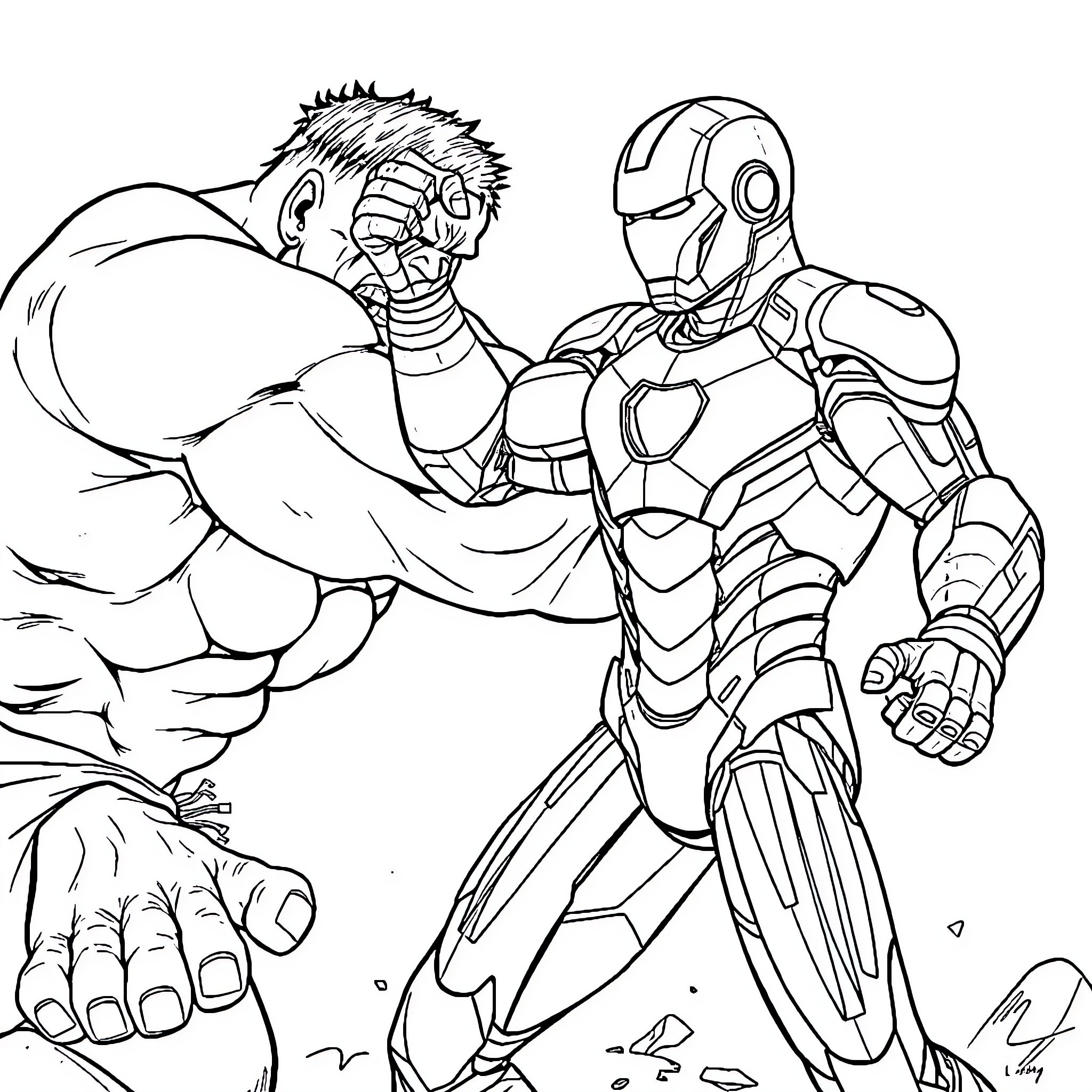 Ironman Confrontation with Powerful Adversary Coloring Page (free black-and-white line drawing printable PDF for all, from beginners to advanced learners, including children, teens, adults, and seniors)