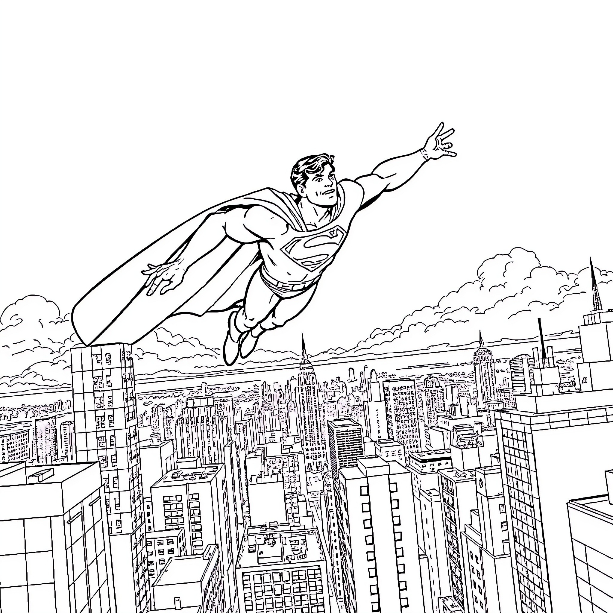 Superman soaring over the city skyline Coloring Page (free black-and-white line drawing printable PDF for all, from beginners to advanced learners, including children, teens, adults, and seniors)