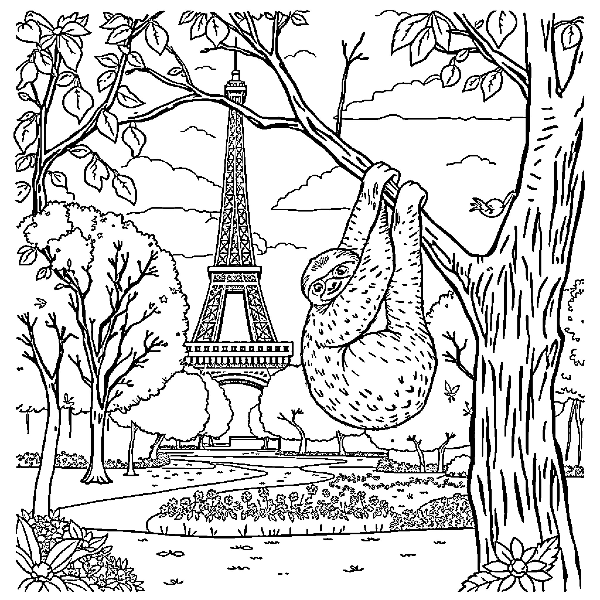 Sloth climbing a tree with Eiffel Tower in the background Coloring Page (free black-and-white line drawing printable PDF for all, from beginners to advanced learners, including children, teens, adults, and seniors)