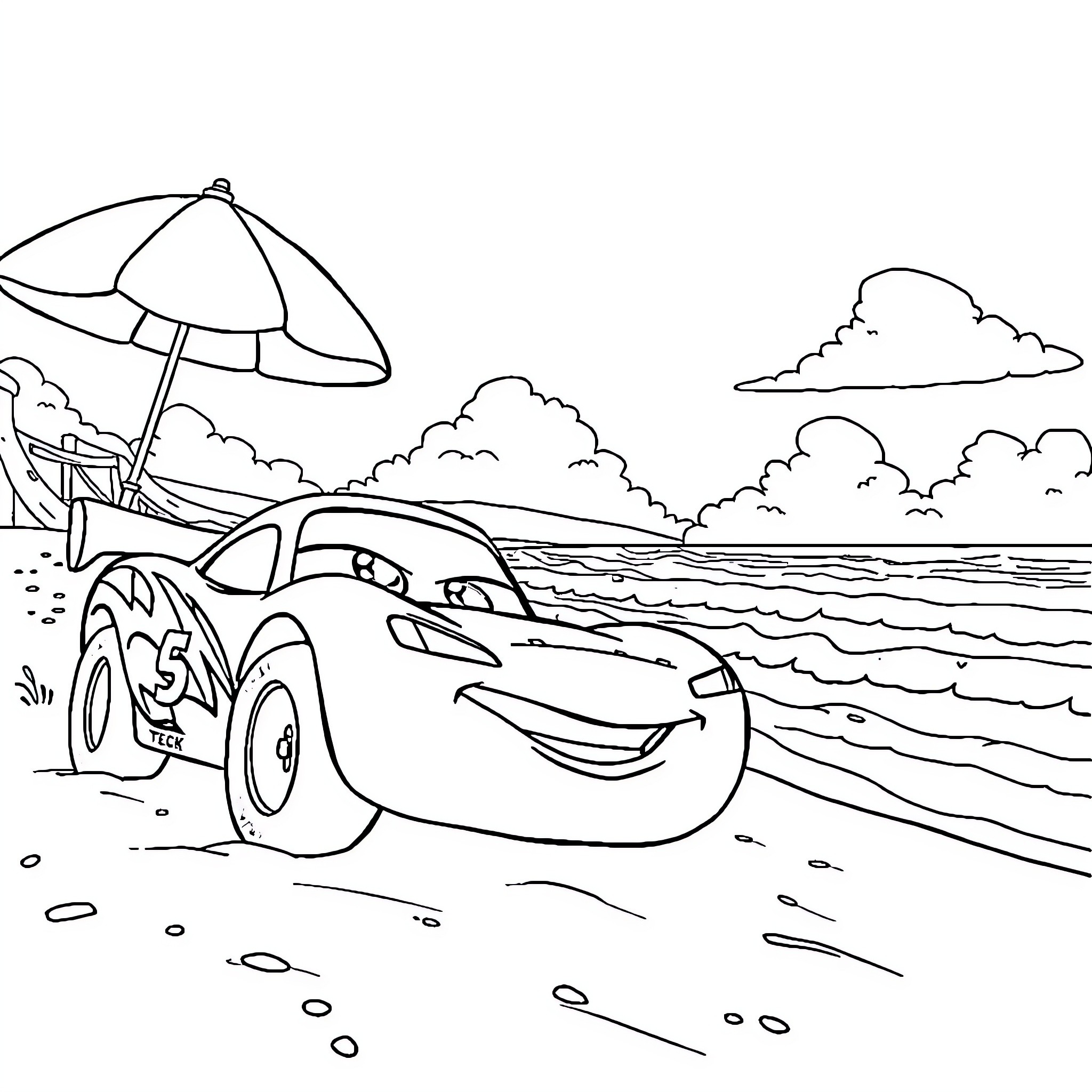 Flash McQueen chilling at the beach with umbrella Coloring Page (free black-and-white line drawing printable PDF for all, from beginners to advanced learners, including children, teens, adults, and seniors)