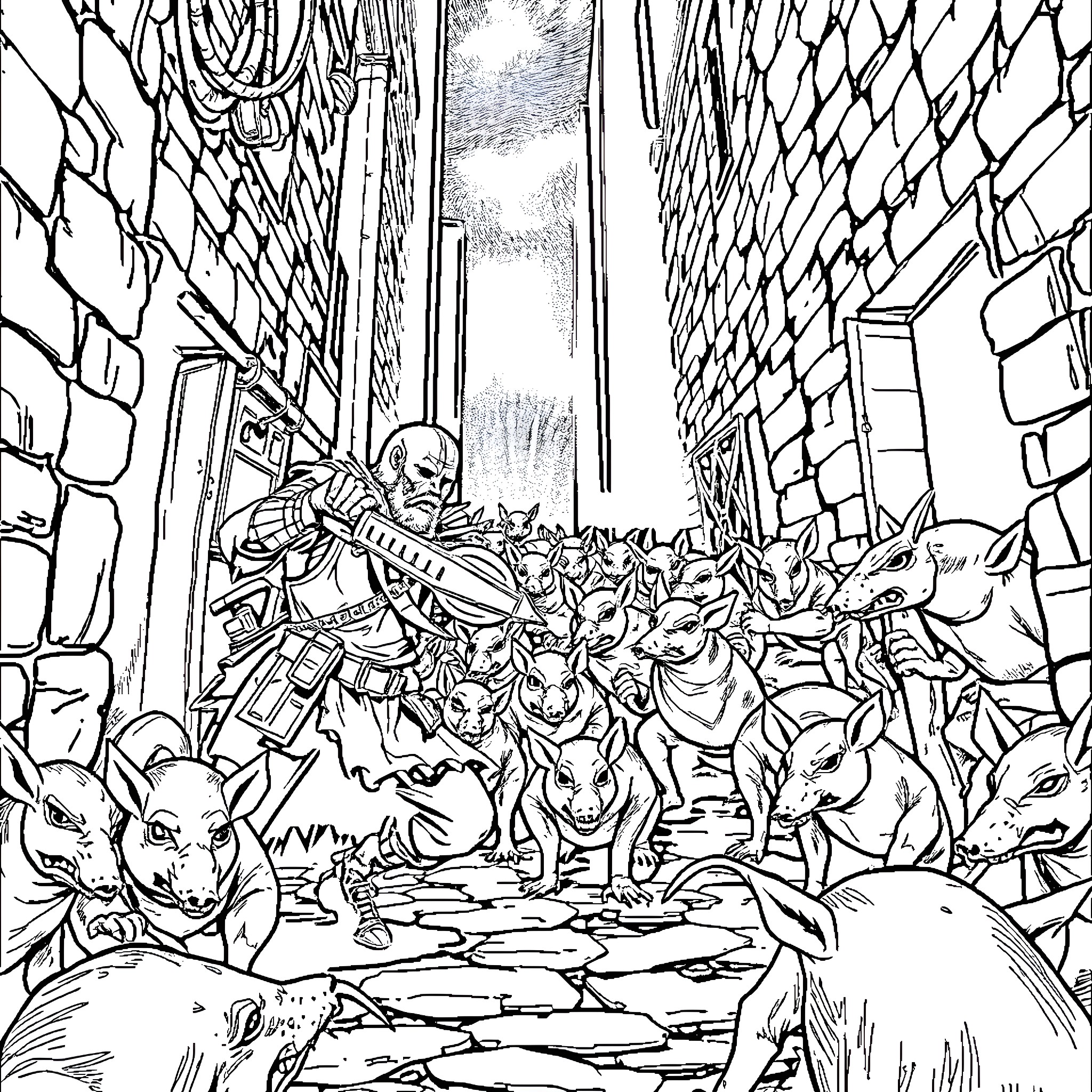 Markus Kruber battles a horde of enemies in the city streets Coloring Page (free black-and-white line drawing printable PDF for all, from beginners to advanced learners, including children, teens, adults, and seniors)
