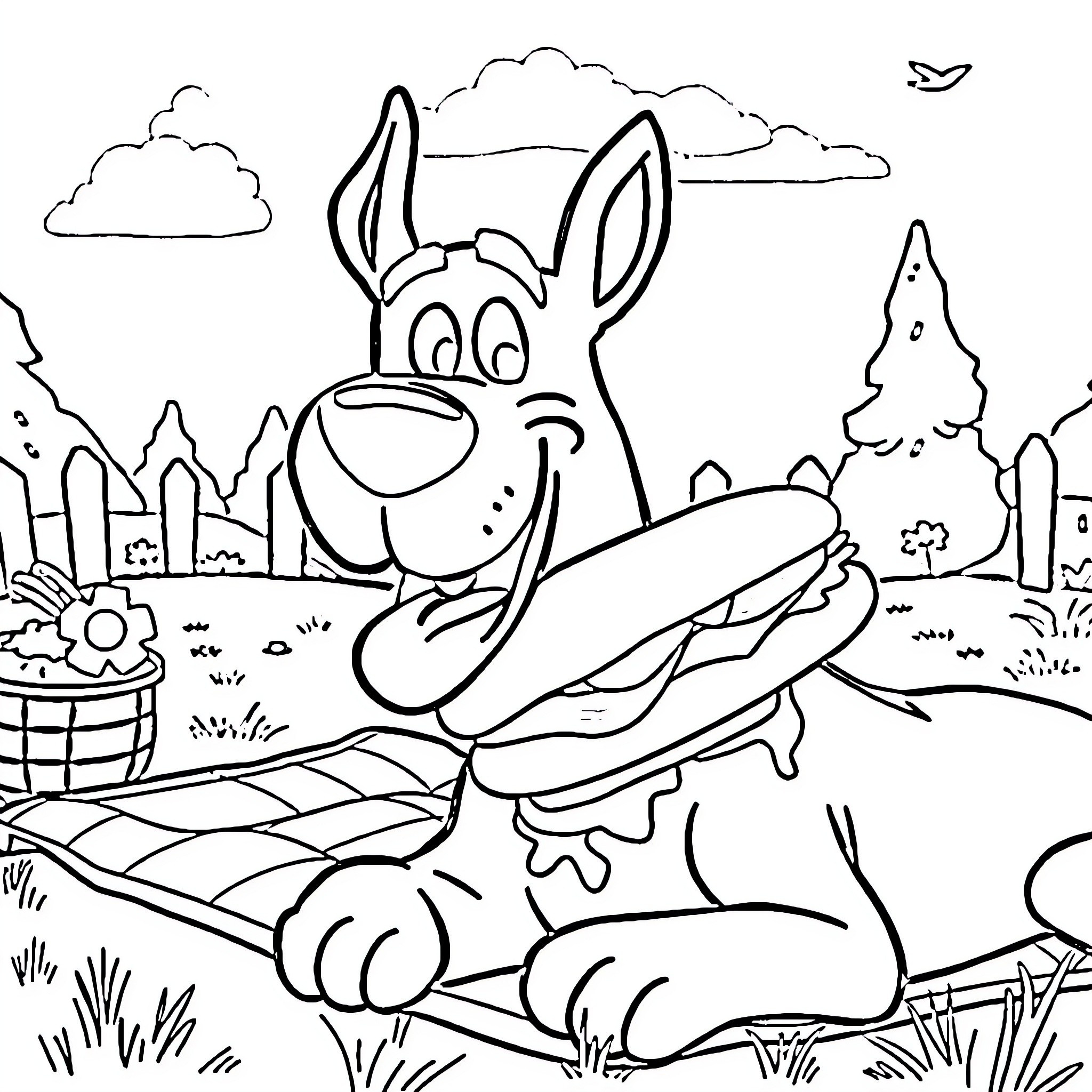 Scooby Doo enjoying a picnic in the countryside Coloring Page (free black-and-white line drawing printable PDF for all, from beginners to advanced learners, including children, teens, adults, and seniors)