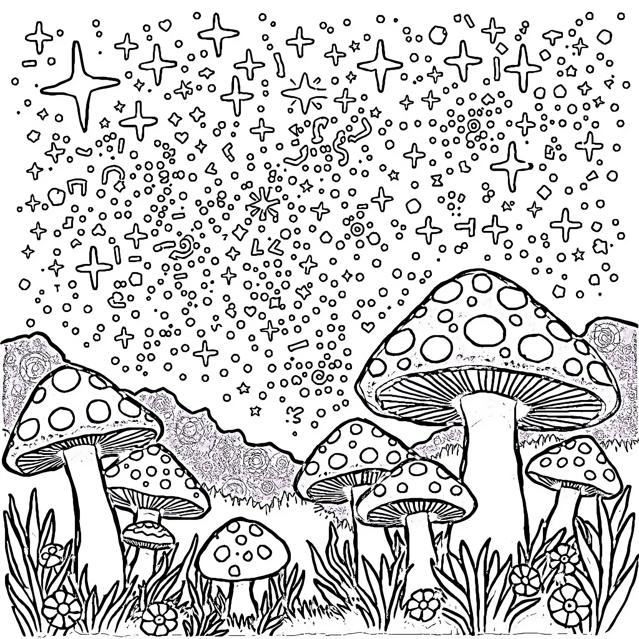 Galaxy of Magical Mushrooms in the Forest Coloring Page (free black-and-white line drawing printable PDF for all, from beginners to advanced learners, including children, teens, adults, and seniors)