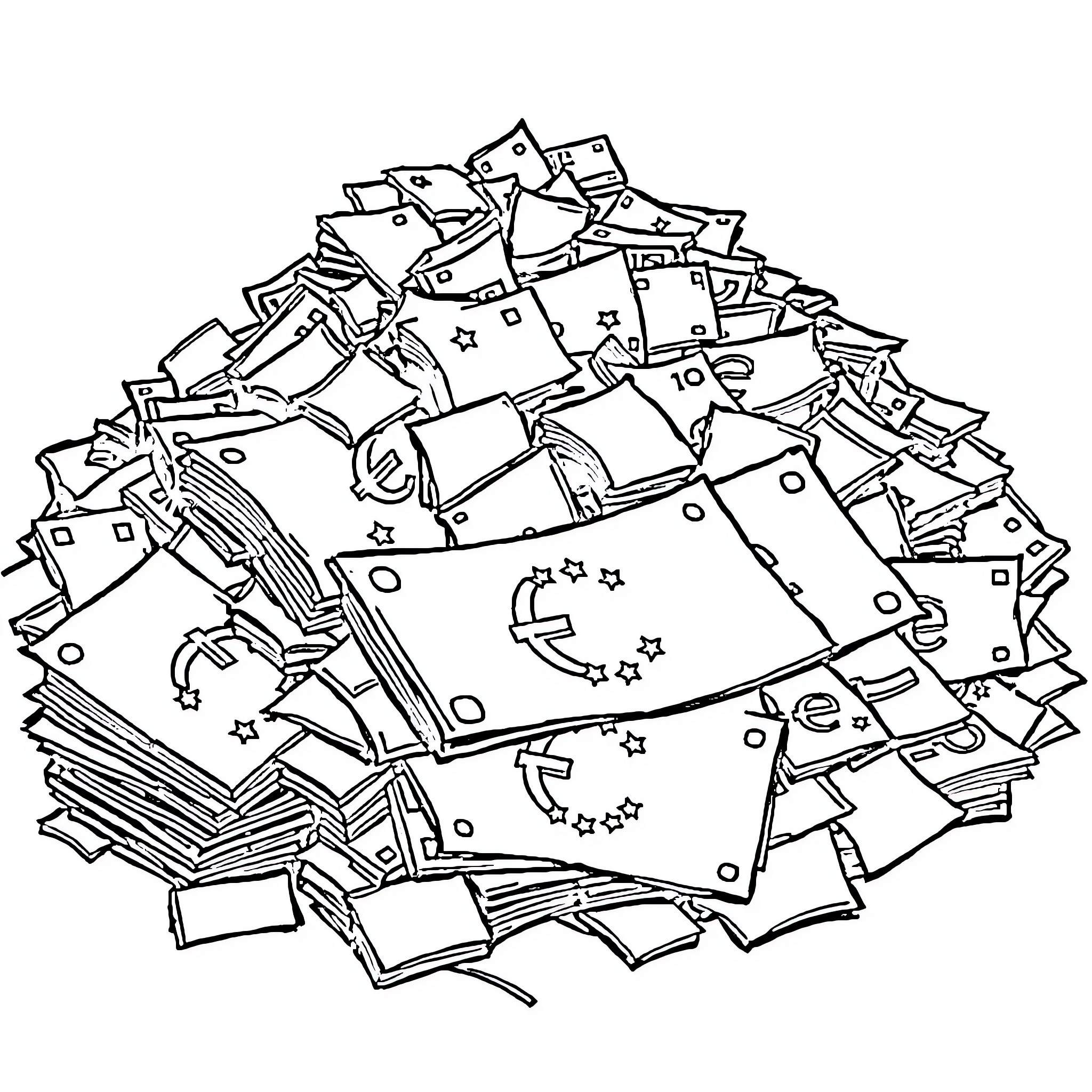 Money Chaos and Clutter Coloring Page (free black-and-white line drawing printable PDF for all, from beginners to advanced learners, including children, teens, adults, and seniors)