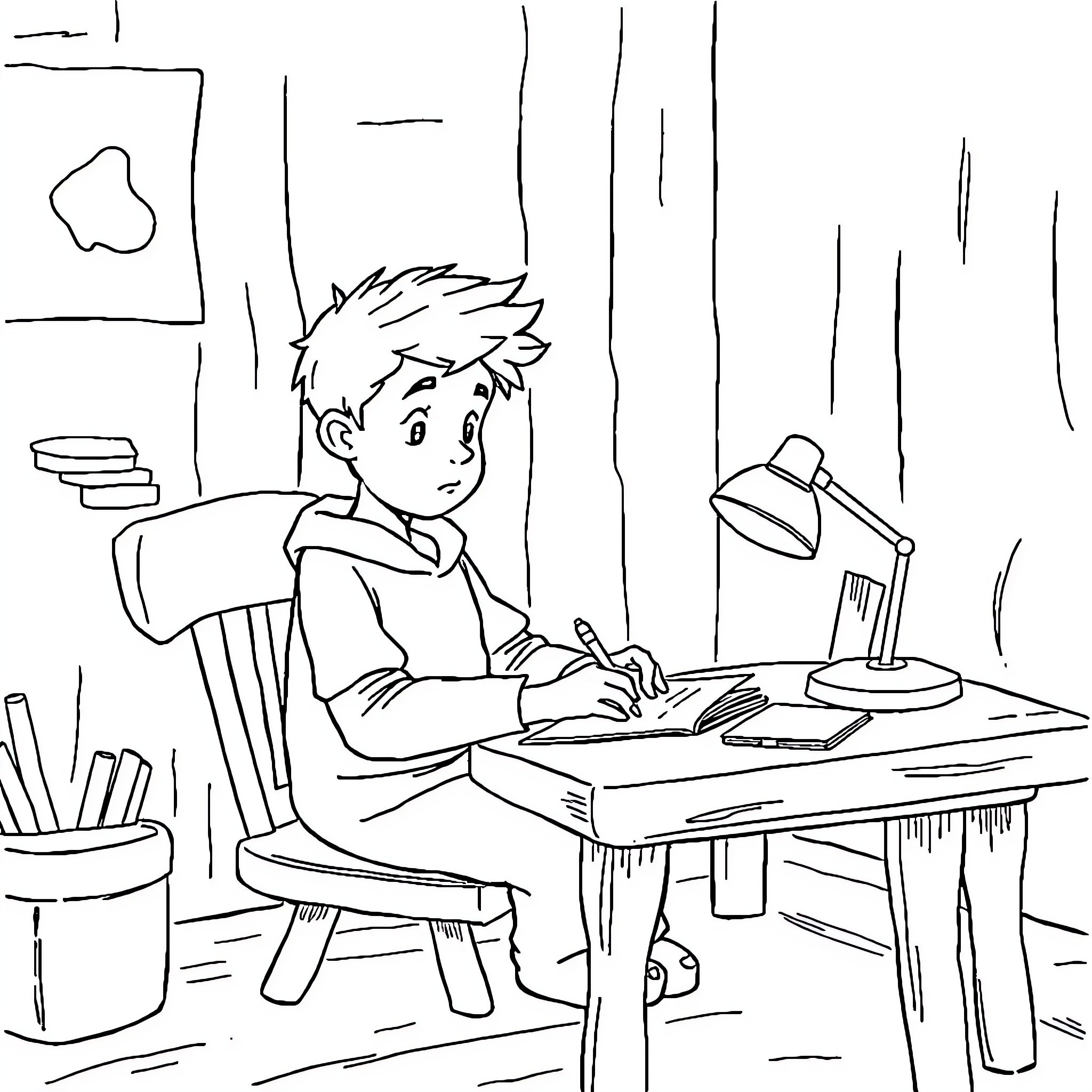 Vessel engrossed in writing at study desk Coloring Page (free black-and-white line drawing printable PDF for all, from beginners to advanced learners, including children, teens, adults, and seniors)