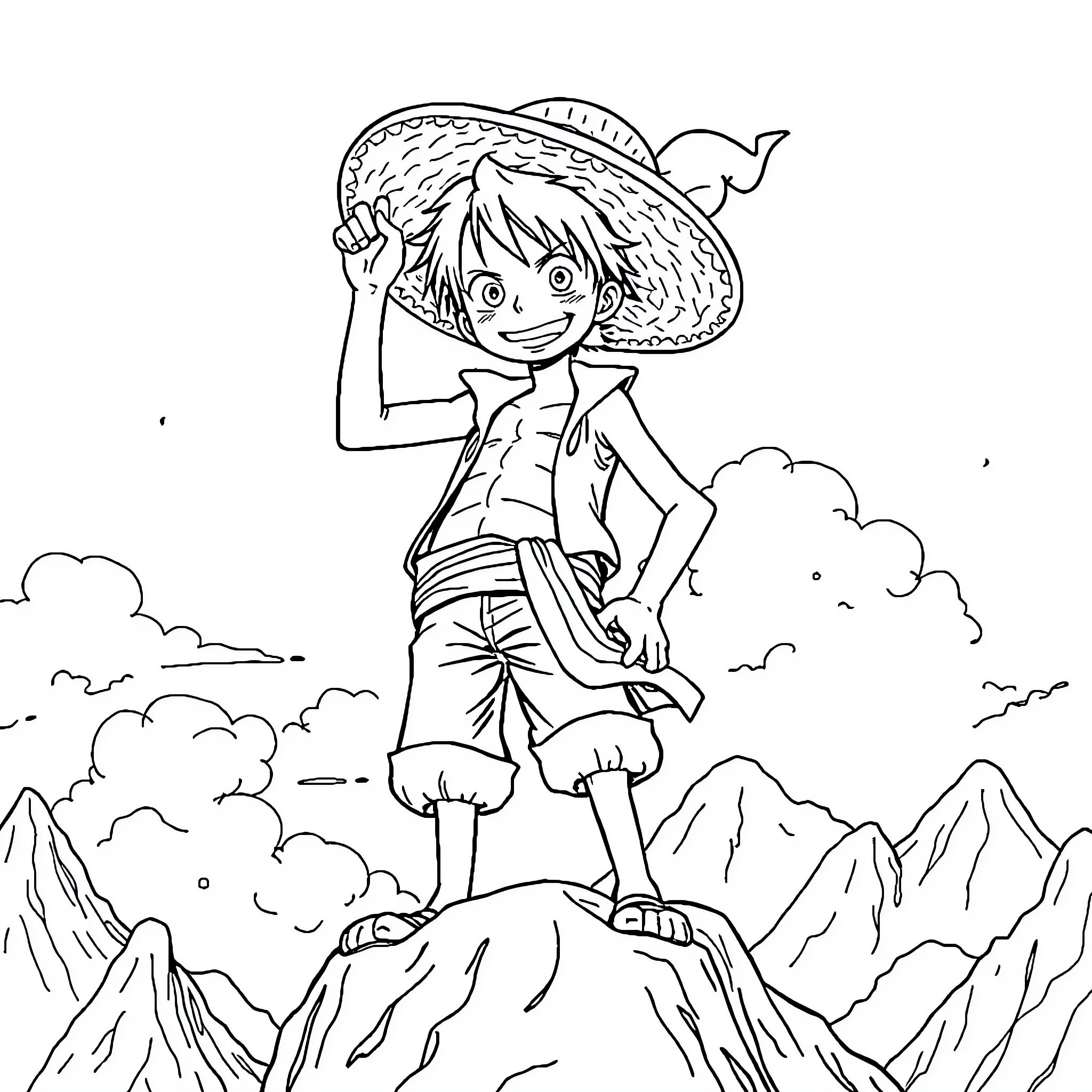 Monkey D Luffy Standing on a Mountain Peak Coloring Page (free black-and-white line drawing printable PDF for all, from beginners to advanced learners, including children, teens, adults, and seniors)