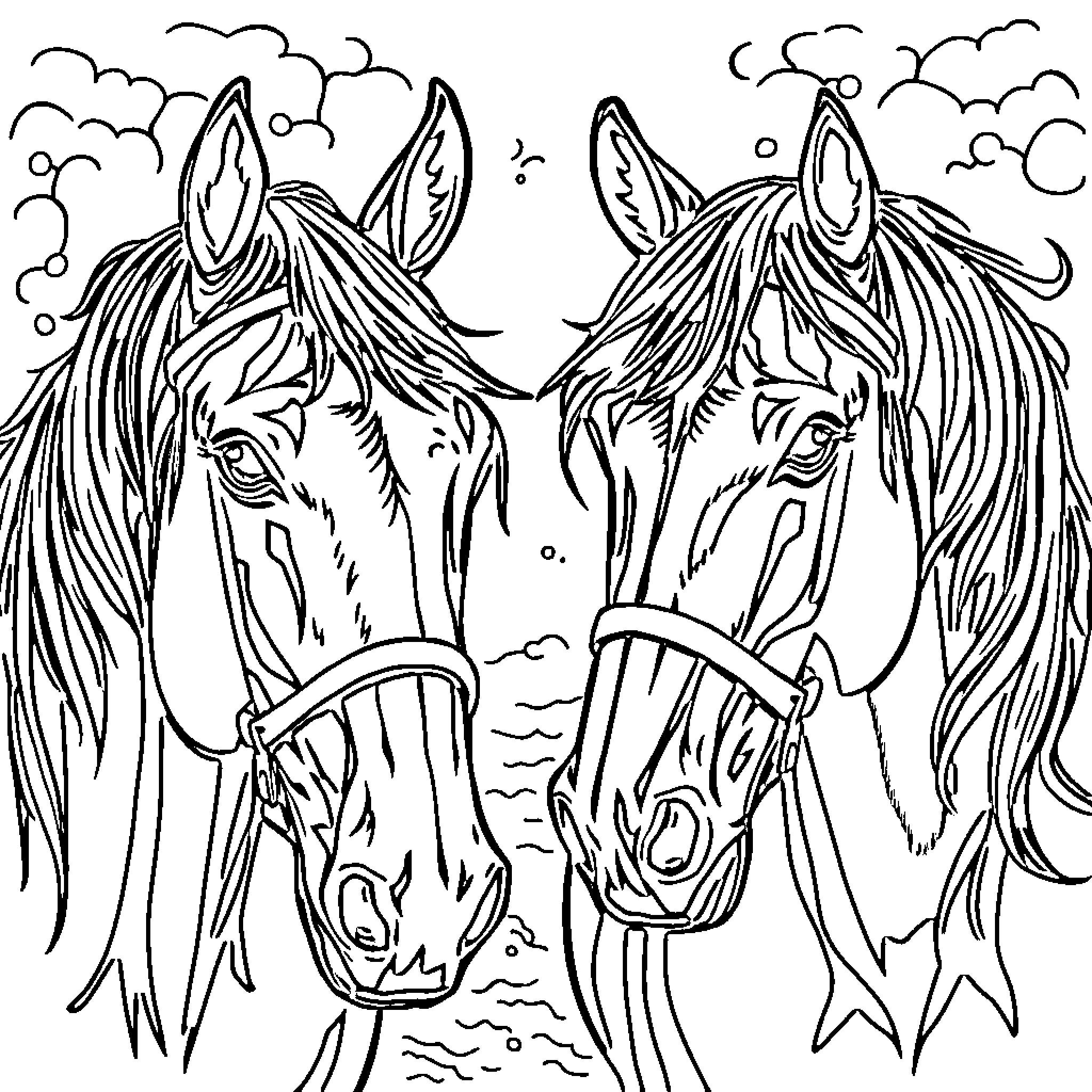 Horse pair sharing a moment in the sky Coloring Page (free black-and-white line drawing printable PDF for all, from beginners to advanced learners, including children, teens, adults, and seniors)