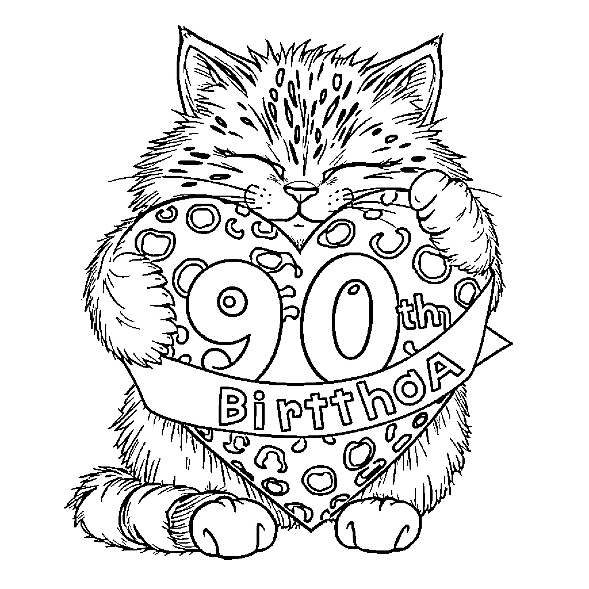 Cat celebrating its 90th birthday Coloring Page (free black-and-white line drawing printable PDF for all, from beginners to advanced learners, including children, teens, adults, and seniors)