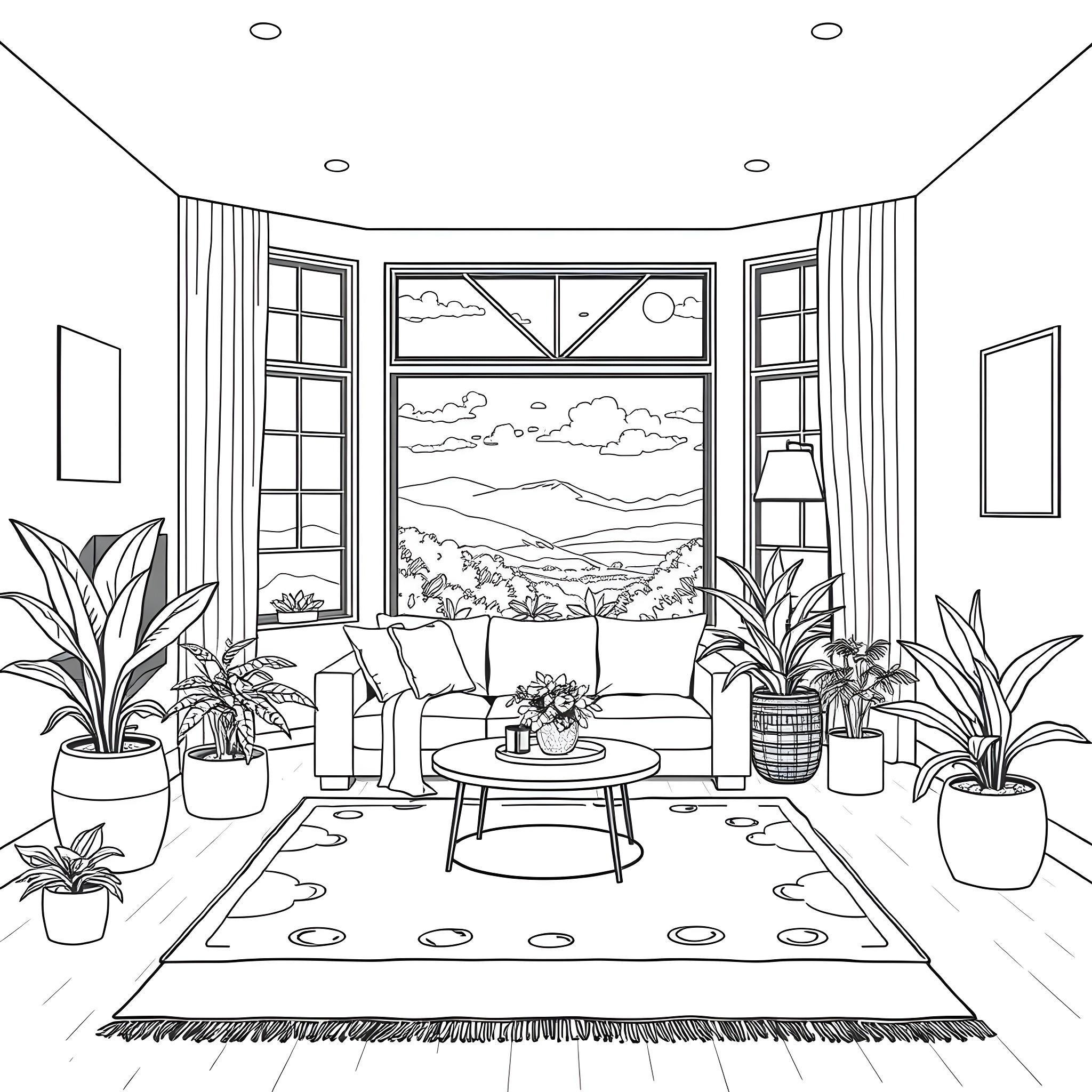 Living Room with Scenic Window View Coloring Page (free black-and-white line drawing printable PDF for all, from beginners to advanced learners, including children, teens, adults, and seniors)