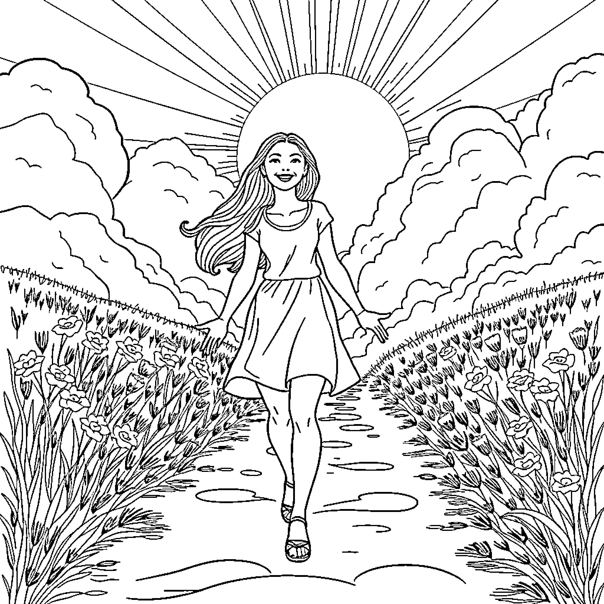 Woman walking joyfully through a sunny meadow Coloring Page (free black-and-white line drawing printable PDF for all, from beginners to advanced learners, including children, teens, adults, and seniors)