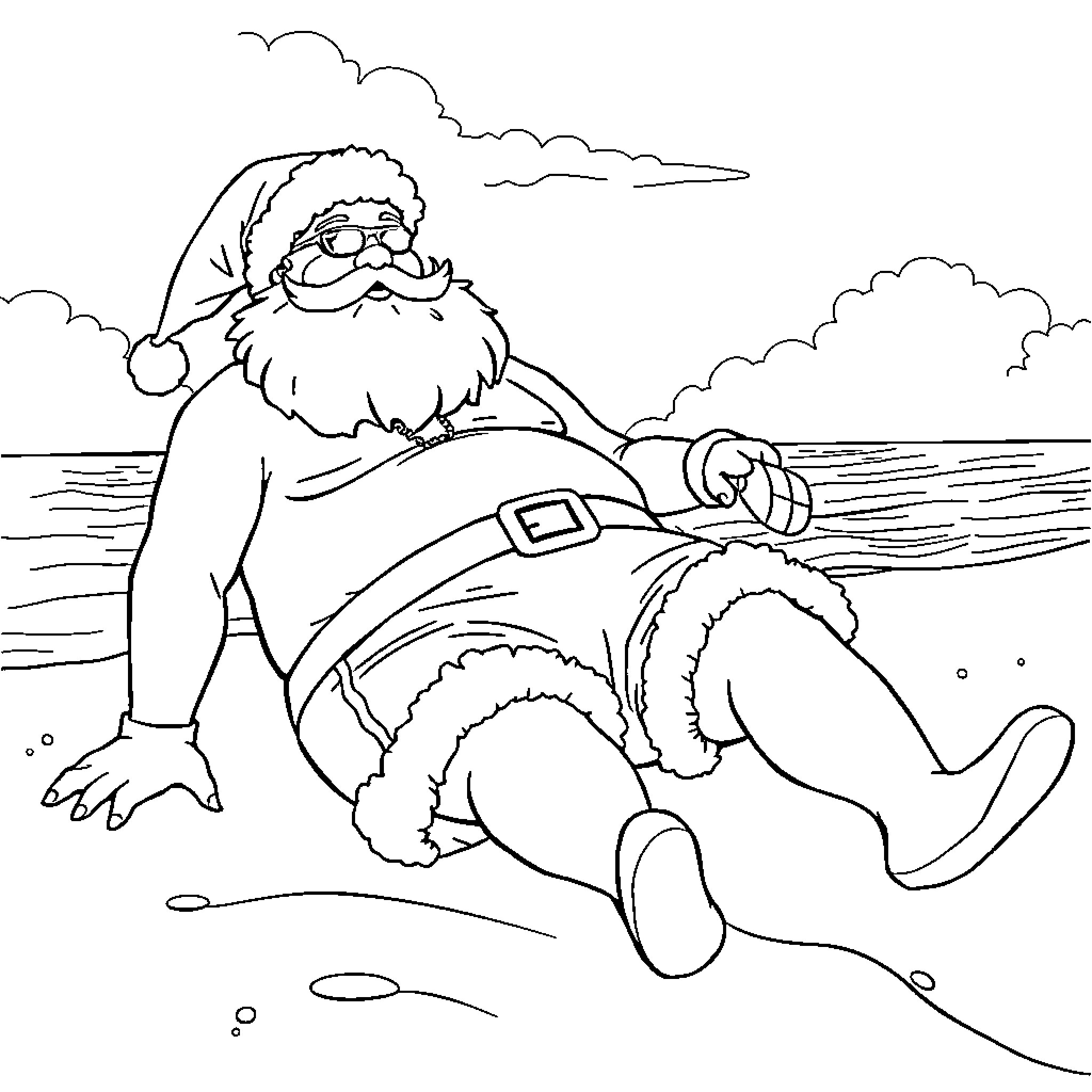 Santa enjoying a day at the beach Coloring Page (free black-and-white line drawing printable PDF for all, from beginners to advanced learners, including children, teens, adults, and seniors)