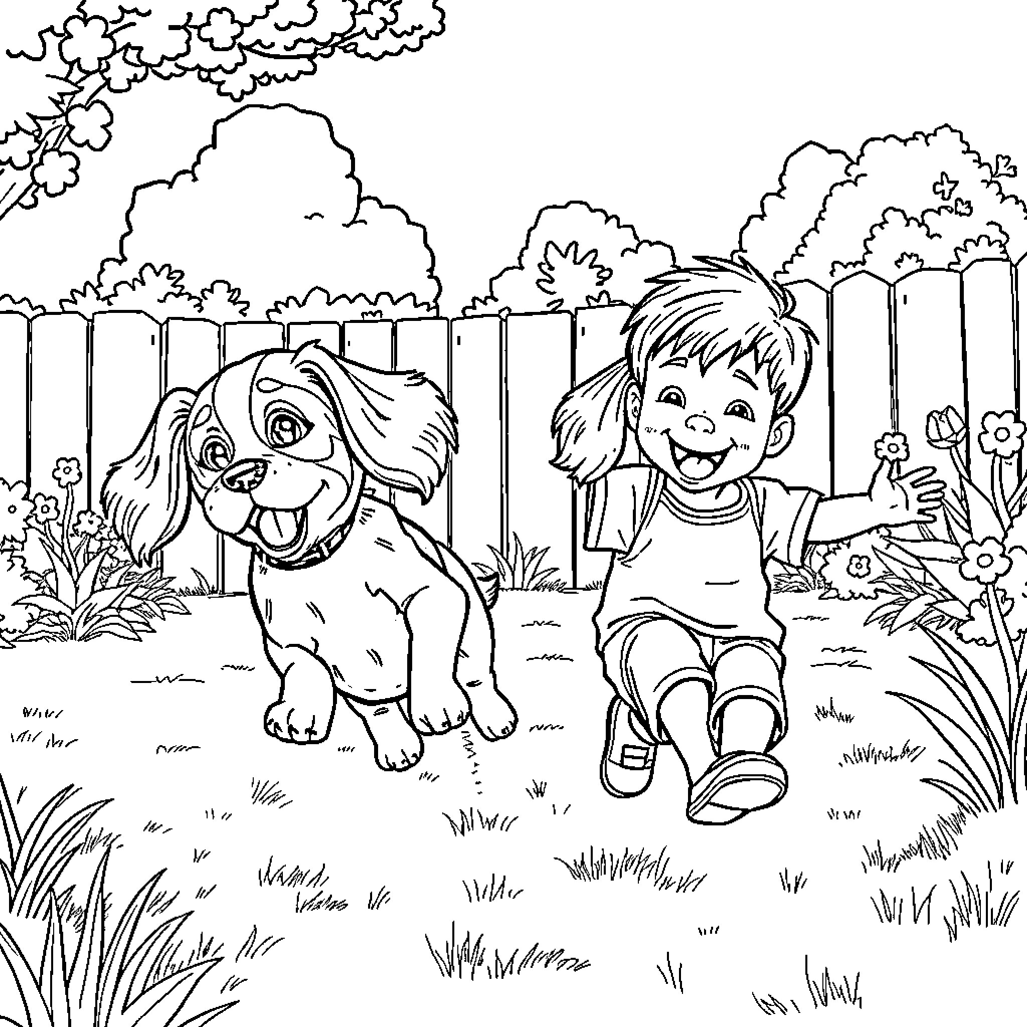 Cavalier King Charles Spaniel and child playing in the backyard Coloring Page (free black-and-white line drawing printable PDF for all, from beginners to advanced learners, including children, teens, adults, and seniors)