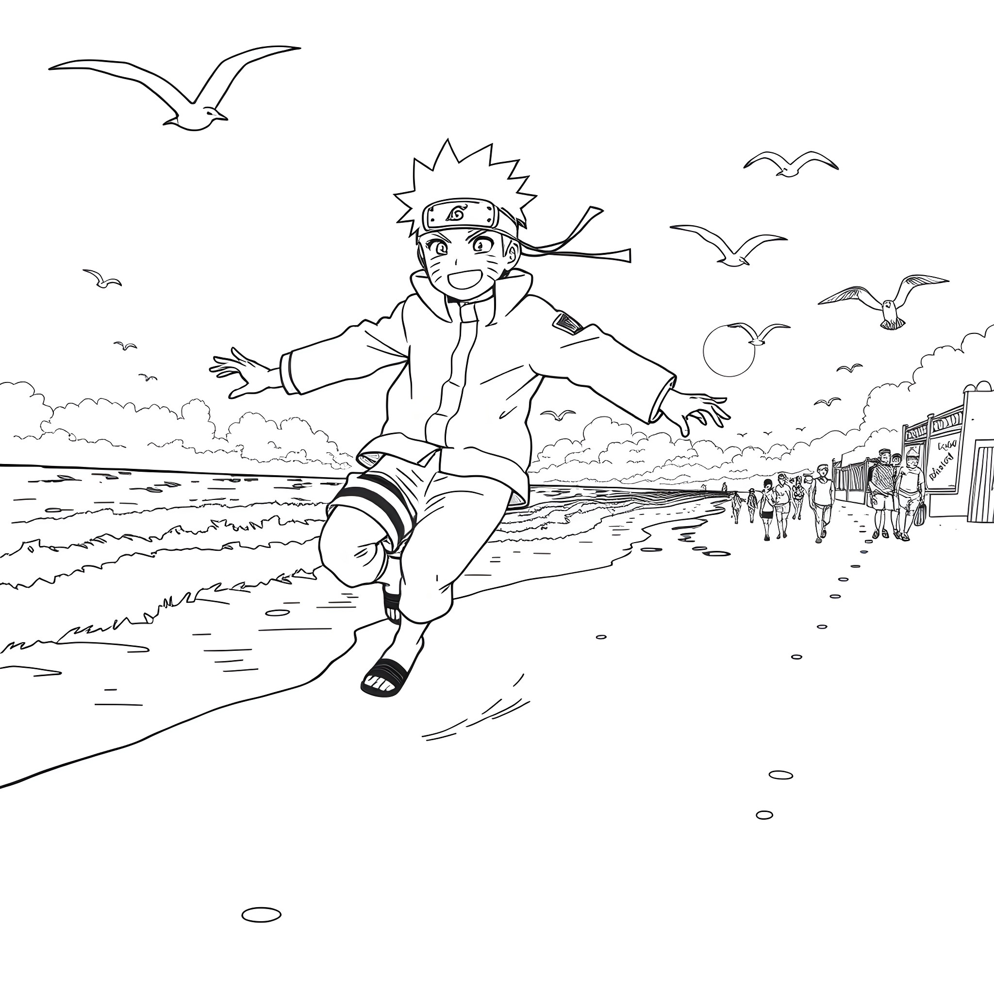 Naruto running excitedly on the beach Coloring Page (free black-and-white line drawing printable PDF for all, from beginners to advanced learners, including children, teens, adults, and seniors)