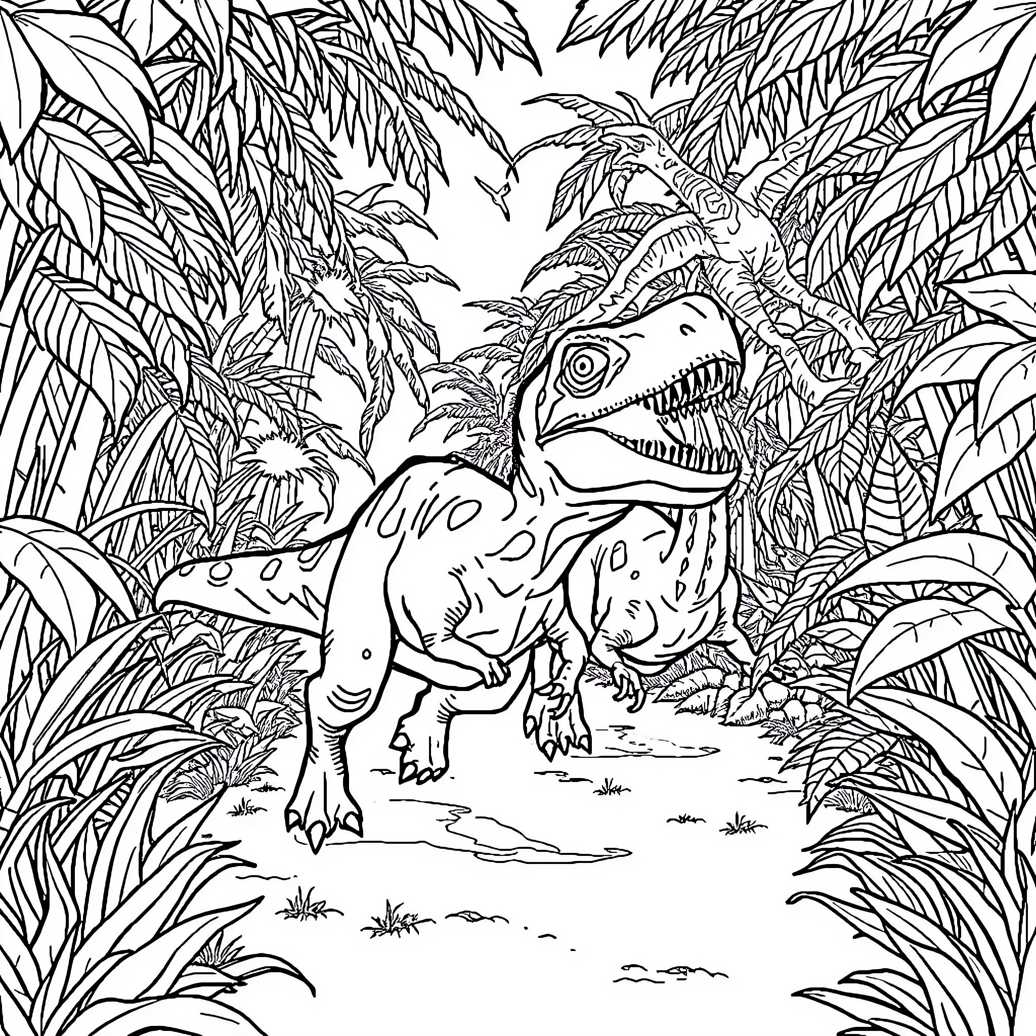 Dinosaur exploring lush prehistoric jungle Coloring Page (free black-and-white line drawing printable PDF for all, from beginners to advanced learners, including children, teens, adults, and seniors)