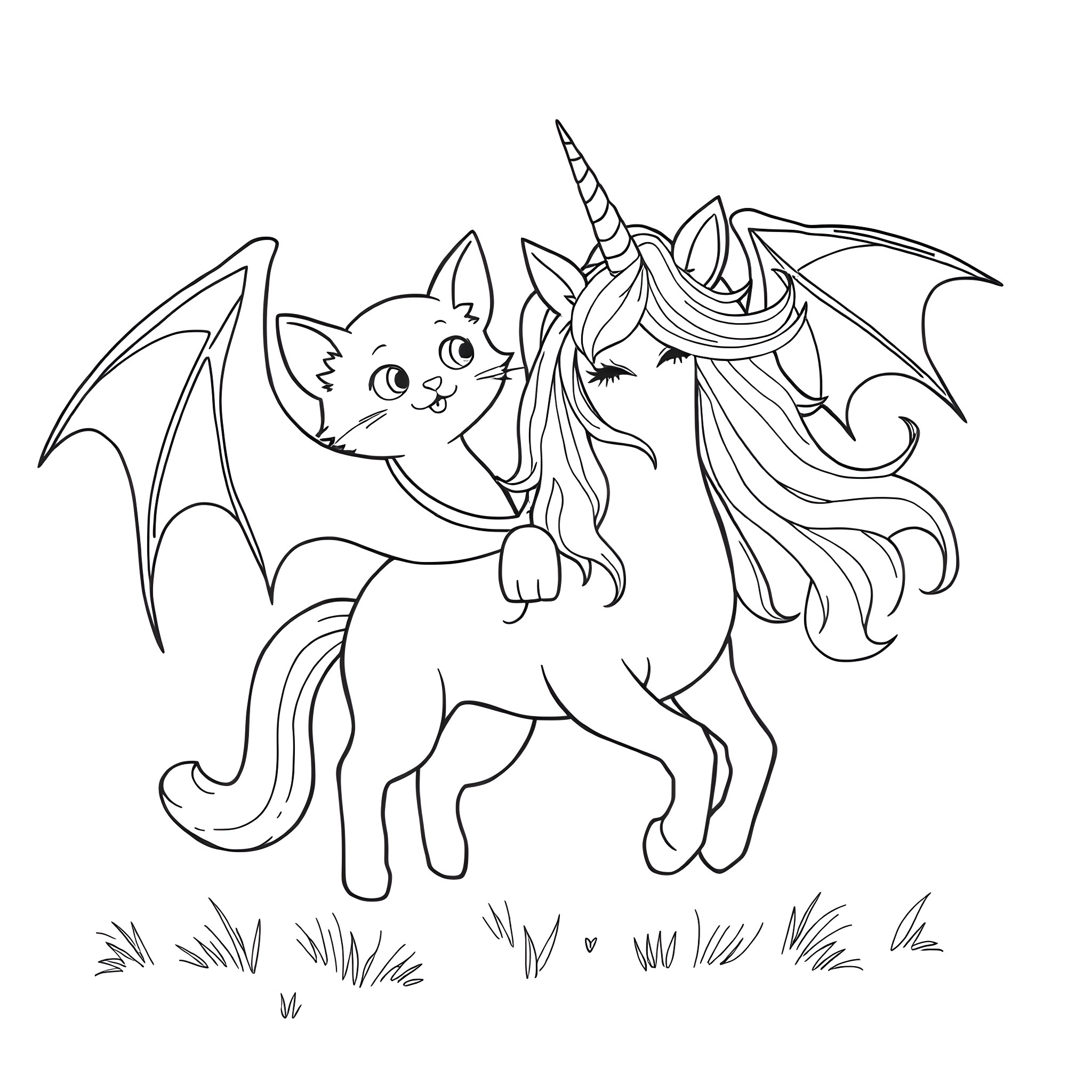 Cat riding on a magical unicorn with wings Coloring Page (free black-and-white line drawing printable PDF for all, from beginners to advanced learners, including children, teens, adults, and seniors)
