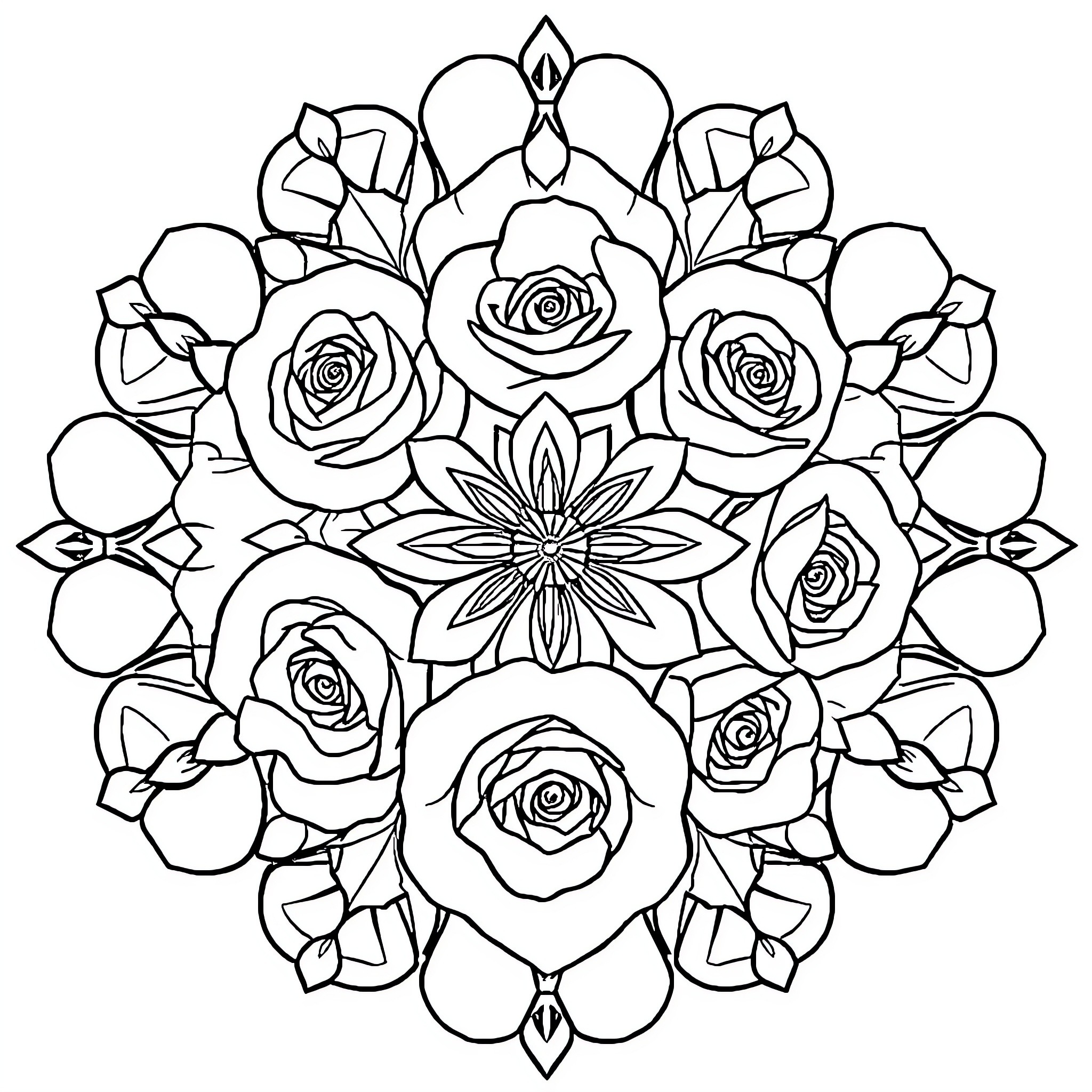 Mandala of Roses and Floral Designs Coloring Page (free black-and-white line drawing printable PDF for all, from beginners to advanced learners, including children, teens, adults, and seniors)