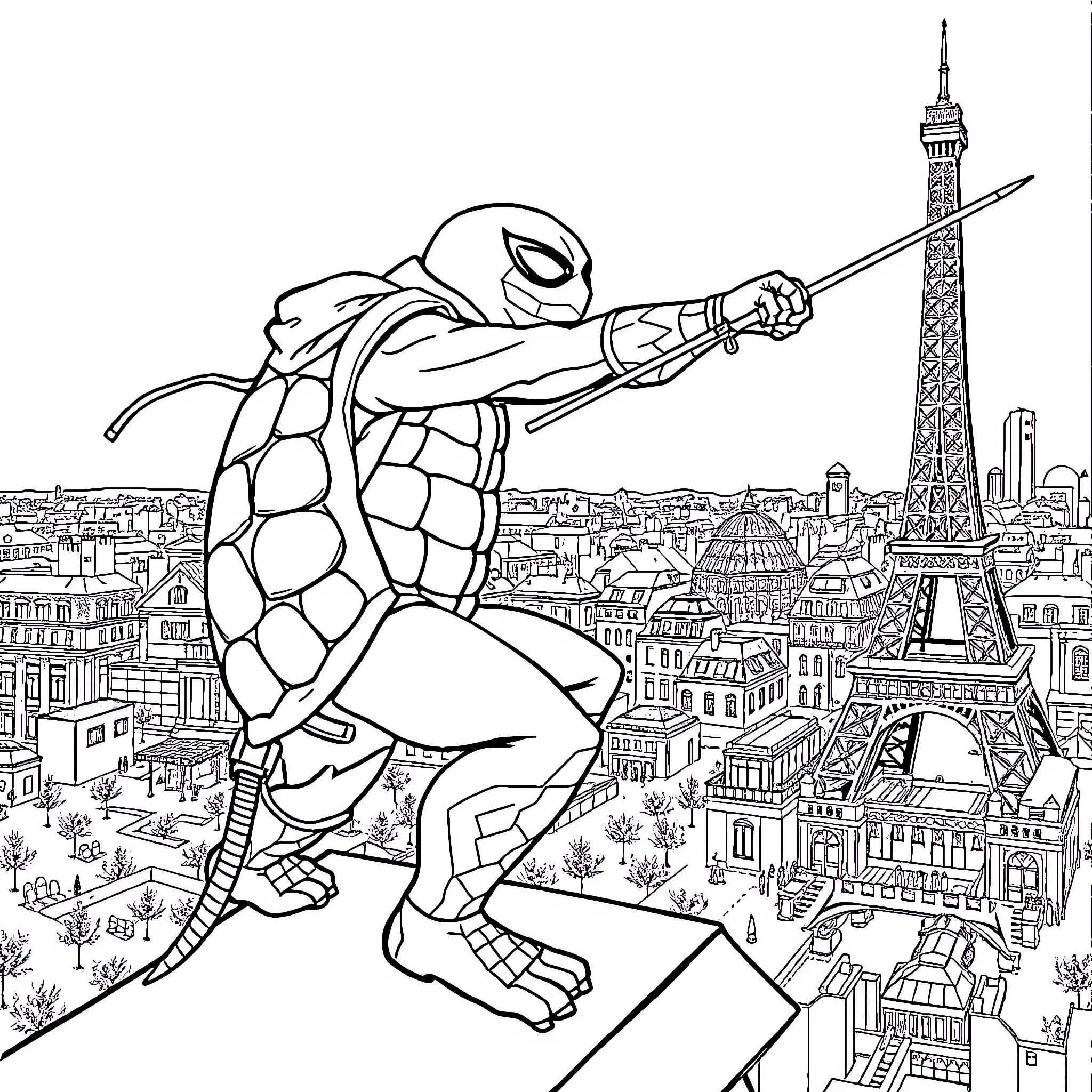 Turtle superhero swinging over a cityscape Coloring Page (free black-and-white line drawing printable PDF for all, from beginners to advanced learners, including children, teens, adults, and seniors)