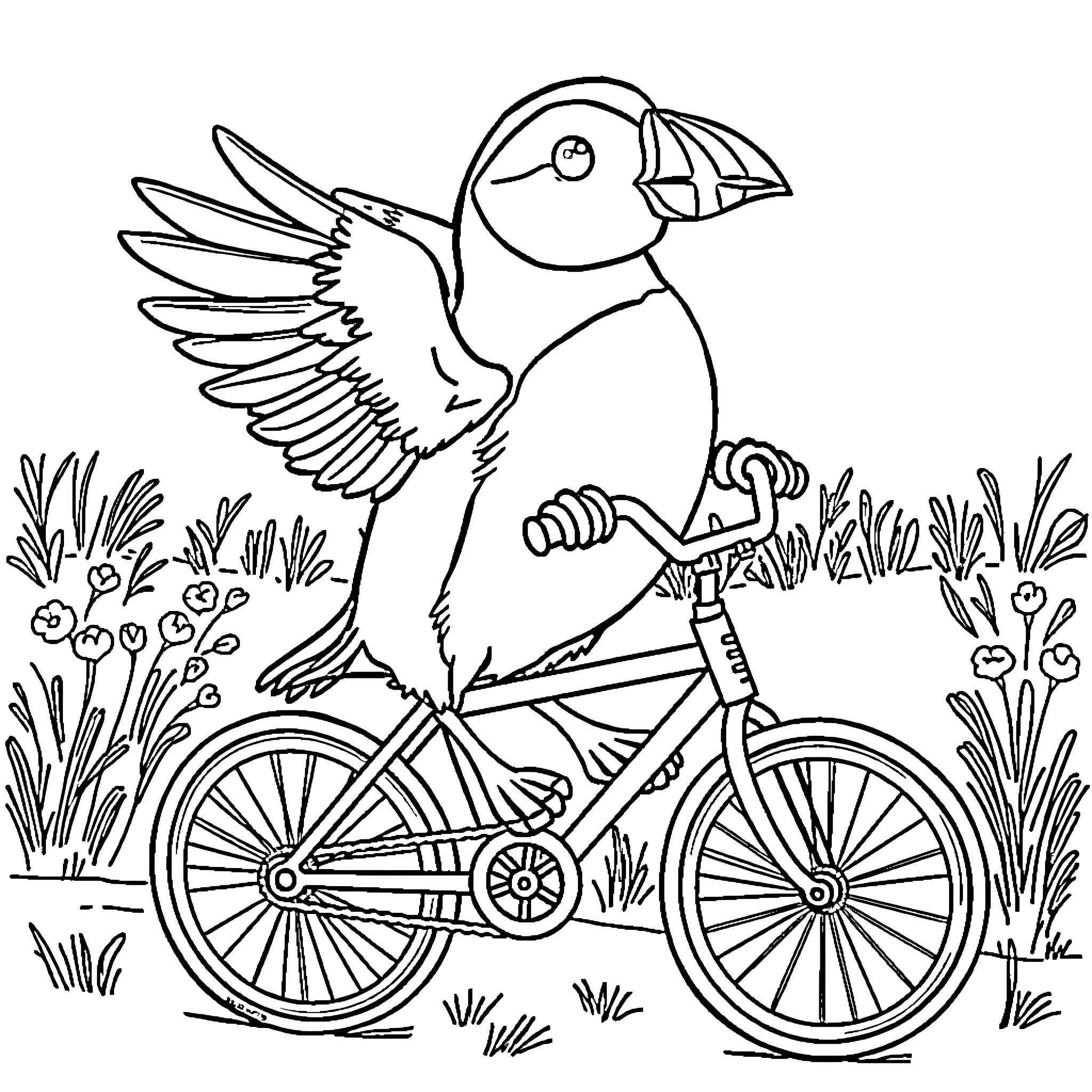 Puffin riding a bicycle in a garden Coloring Page (free black-and-white line drawing printable PDF for all, from beginners to advanced learners, including children, teens, adults, and seniors)