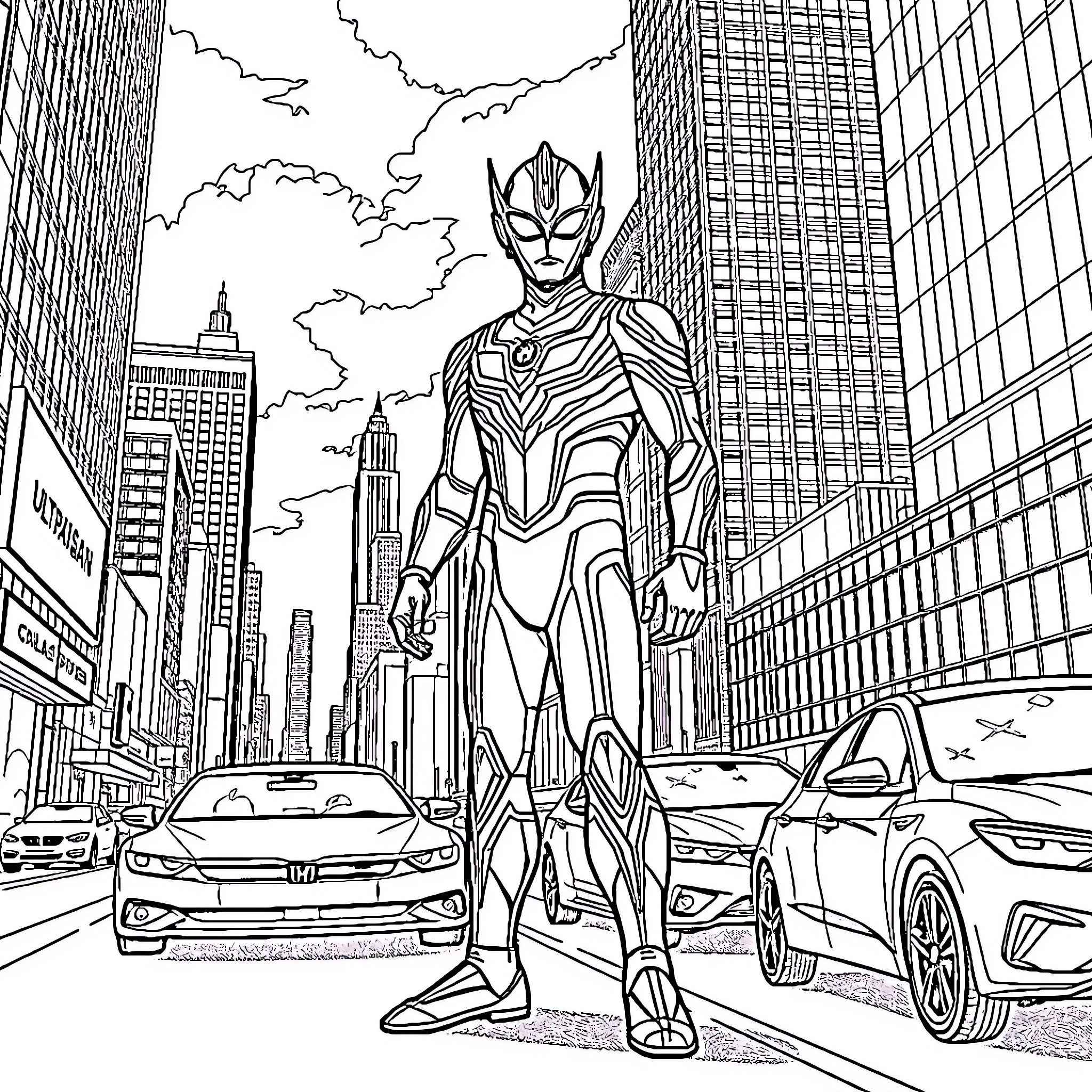 Ultraman in heroic pose on city streets Coloring Page (free black-and-white line drawing printable PDF for all, from beginners to advanced learners, including children, teens, adults, and seniors)