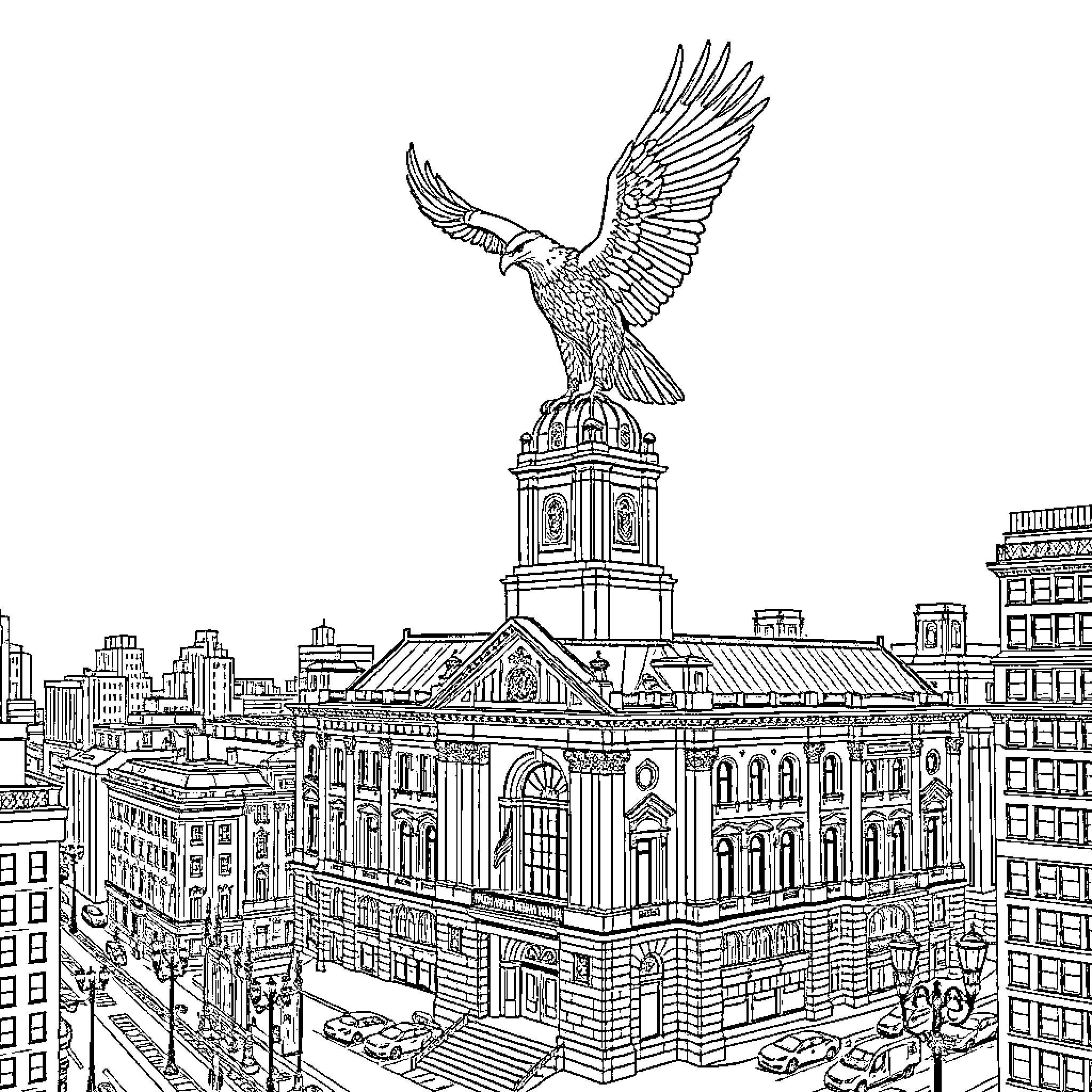 Eagle statue on top of grand city building Coloring Page (free black-and-white line drawing printable PDF for all, from beginners to advanced learners, including children, teens, adults, and seniors)