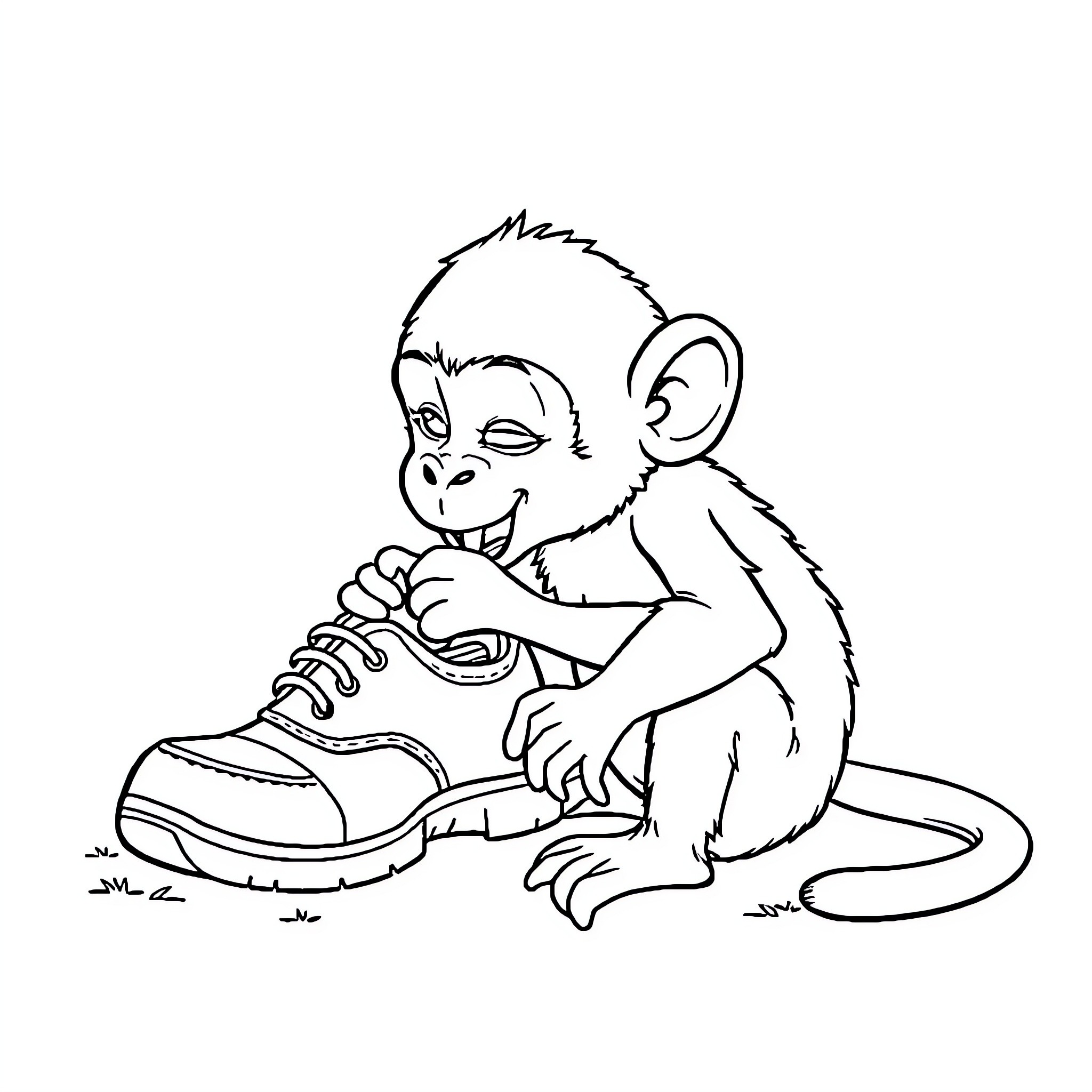Monkey examining a shoe with curiosity Coloring Page (free black-and-white line drawing printable PDF for all, from beginners to advanced learners, including children, teens, adults, and seniors)