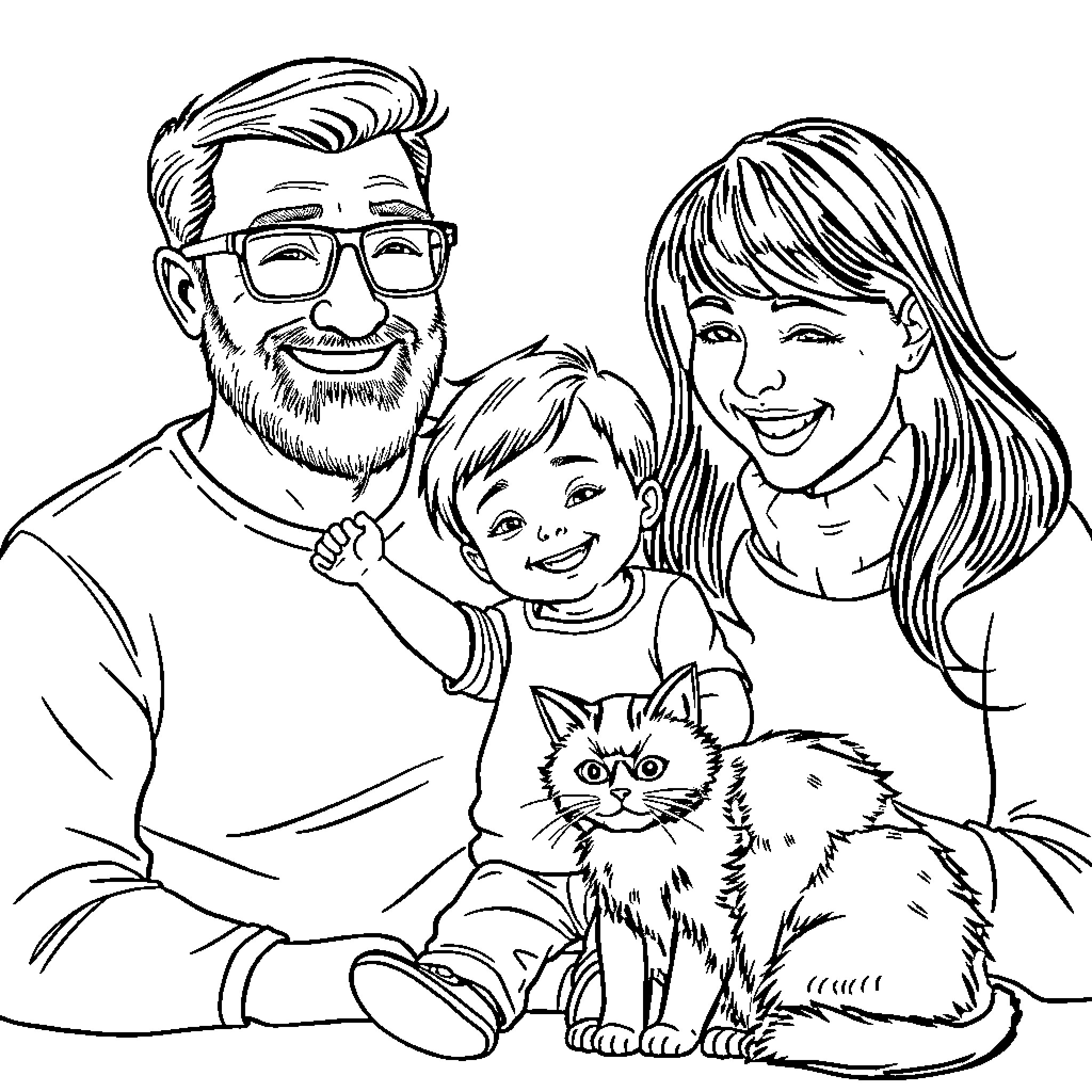 Family portrait of smiling parents and child with pets Coloring Page (free black-and-white line drawing printable PDF for all, from beginners to advanced learners, including children, teens, adults, and seniors)