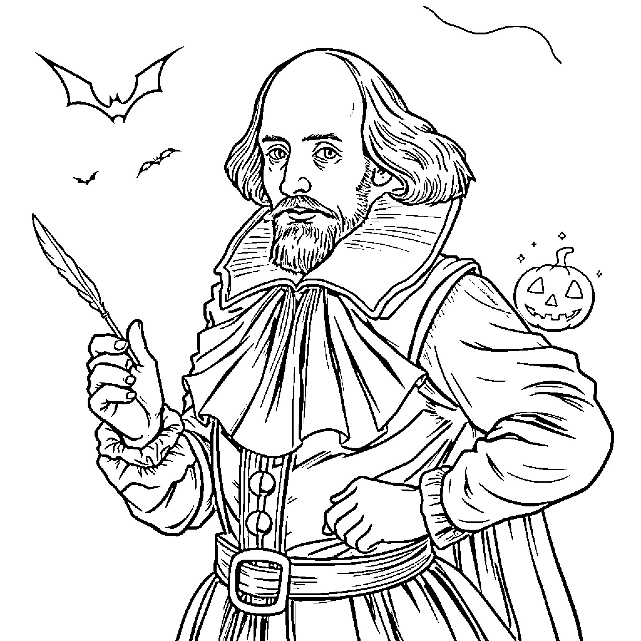 William Shakespeare in Dramatic Halloween Attire Coloring Page (free black-and-white line drawing printable PDF for all, from beginners to advanced learners, including children, teens, adults, and seniors)