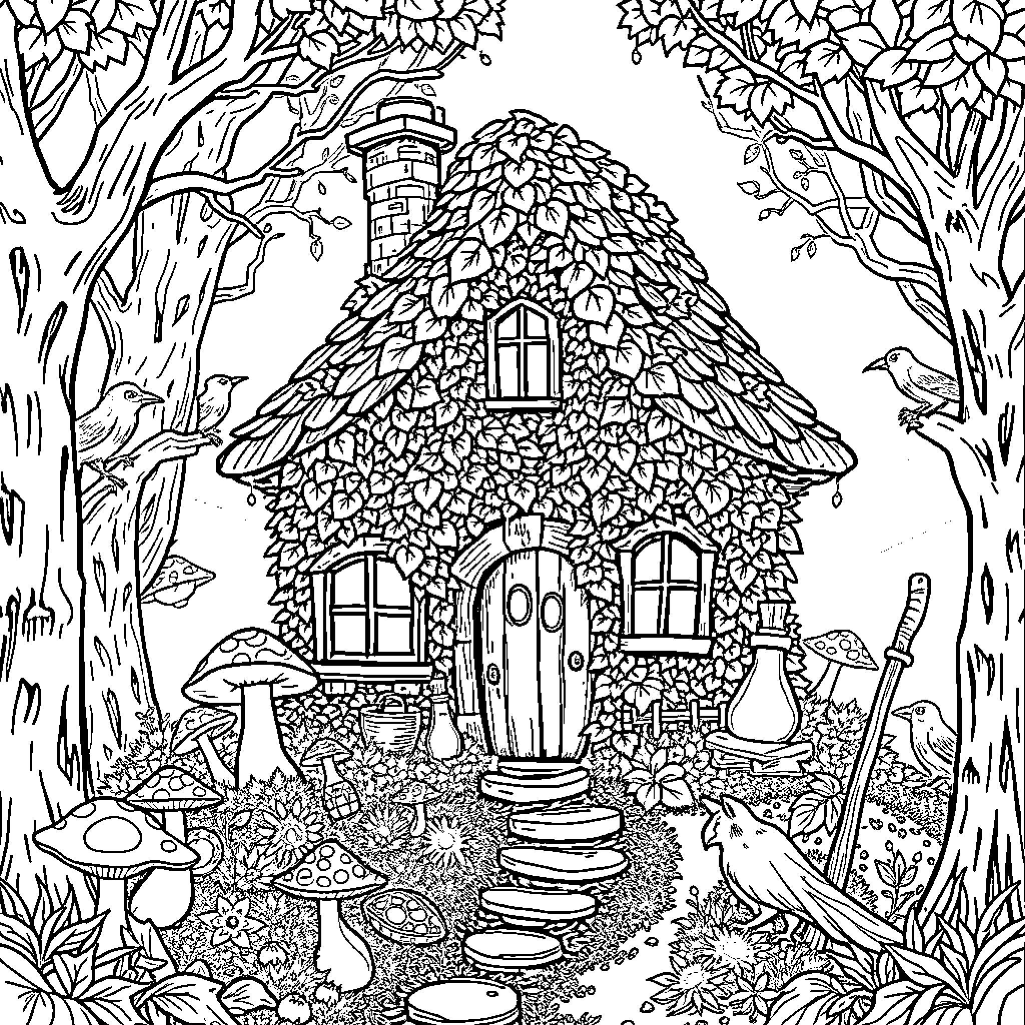Cottage Amid Enchanting Forest Landscape Coloring Page (free black-and-white line drawing printable PDF for all, from beginners to advanced learners, including children, teens, adults, and seniors)