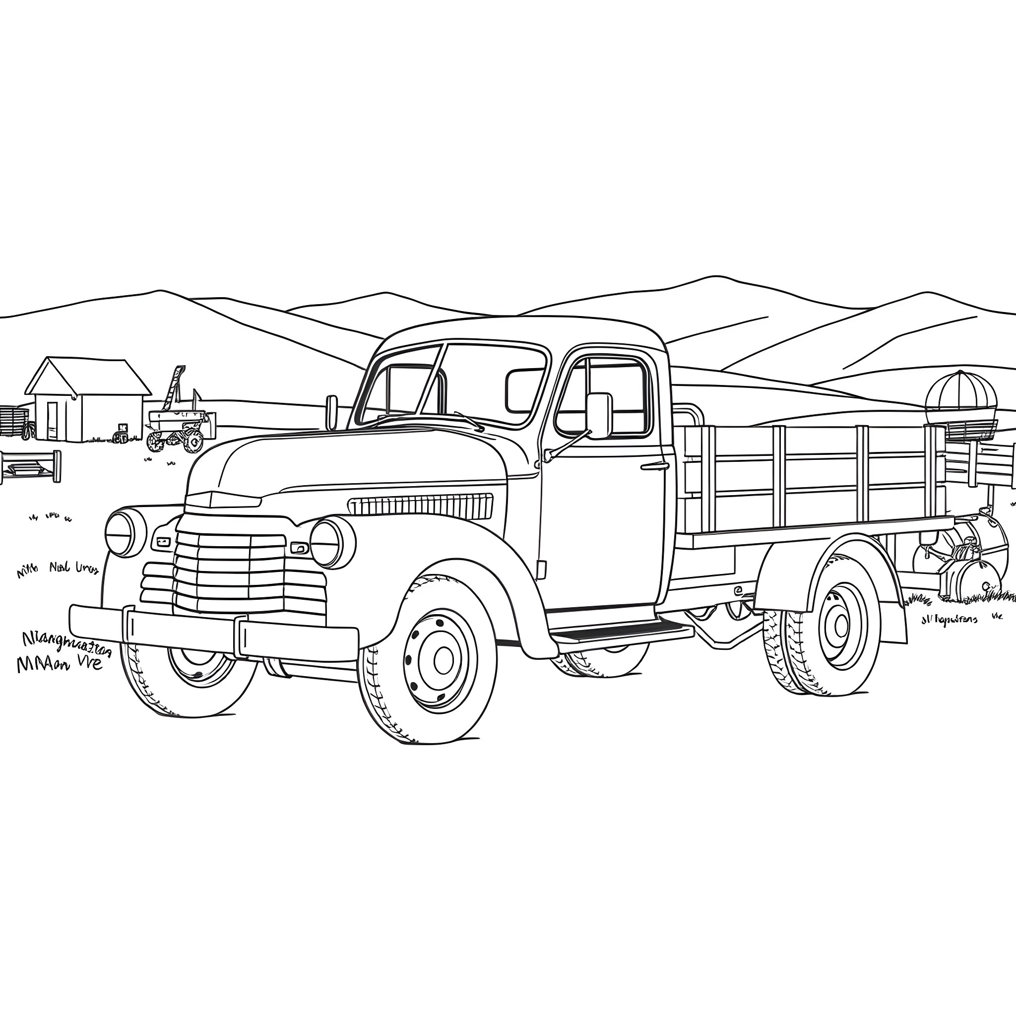 Truck carrying agricultural equipment in rural landscape Coloring Page (free black-and-white line drawing printable PDF for all, from beginners to advanced learners, including children, teens, adults, and seniors)