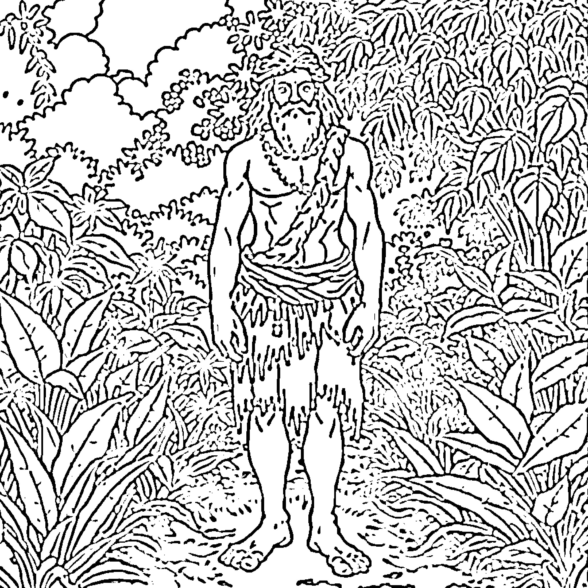 Adam standing alone in the dense jungle Coloring Page (free black-and-white line drawing printable PDF for all, from beginners to advanced learners, including children, teens, adults, and seniors)