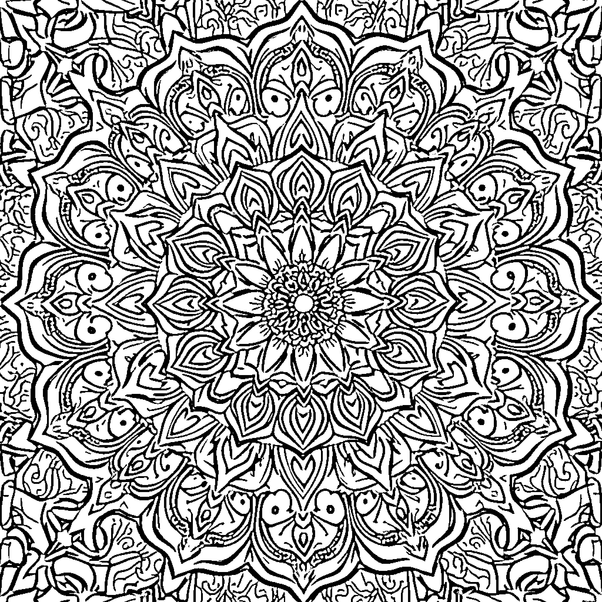 Mandala of intricate floral patterns and swirls Coloring Page (free black-and-white line drawing printable PDF for all, from beginners to advanced learners, including children, teens, adults, and seniors)