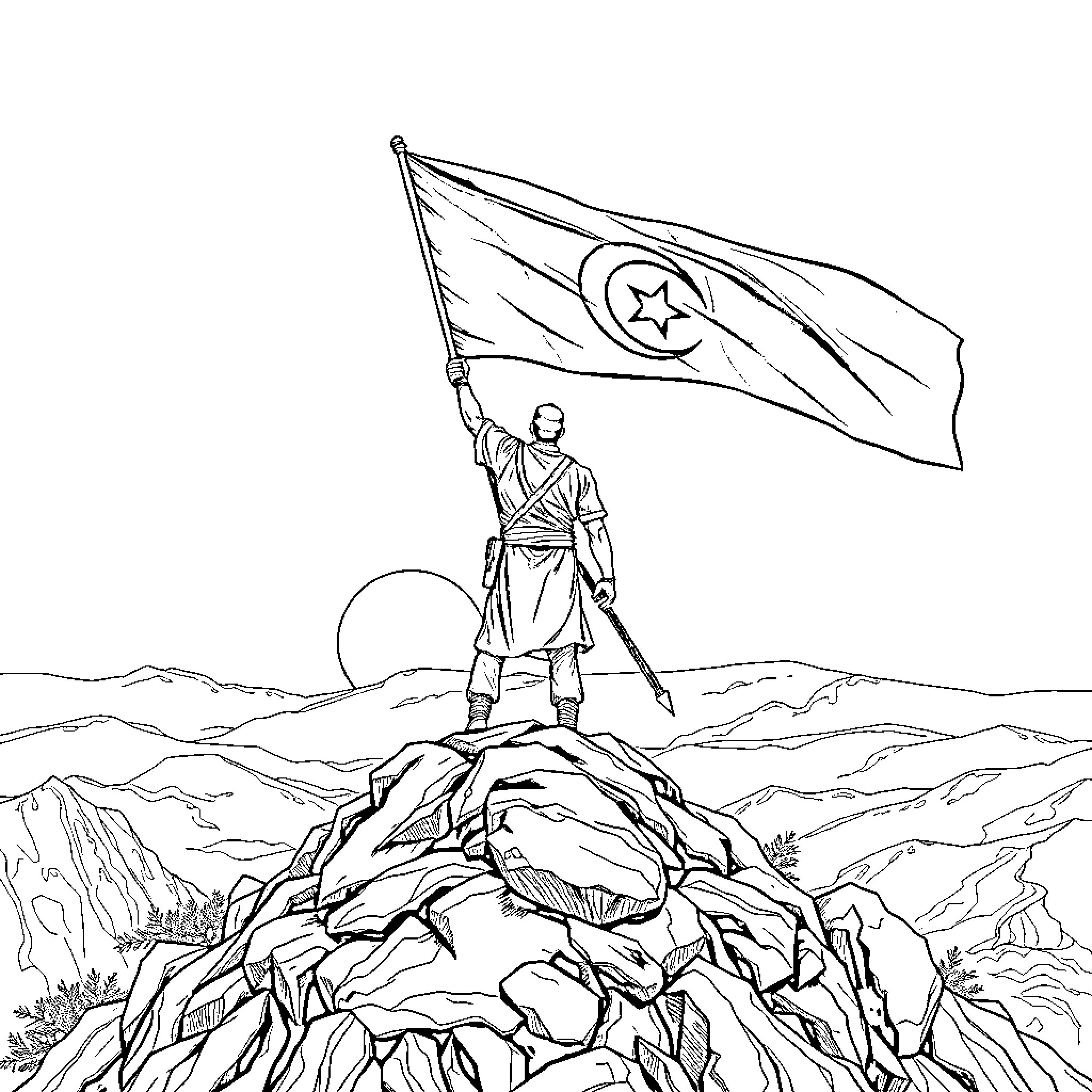 Warrior triumphantly hoisting national flag atop rocky mountain Coloring Page (free black-and-white line drawing printable PDF for all, from beginners to advanced learners, including children, teens, adults, and seniors)