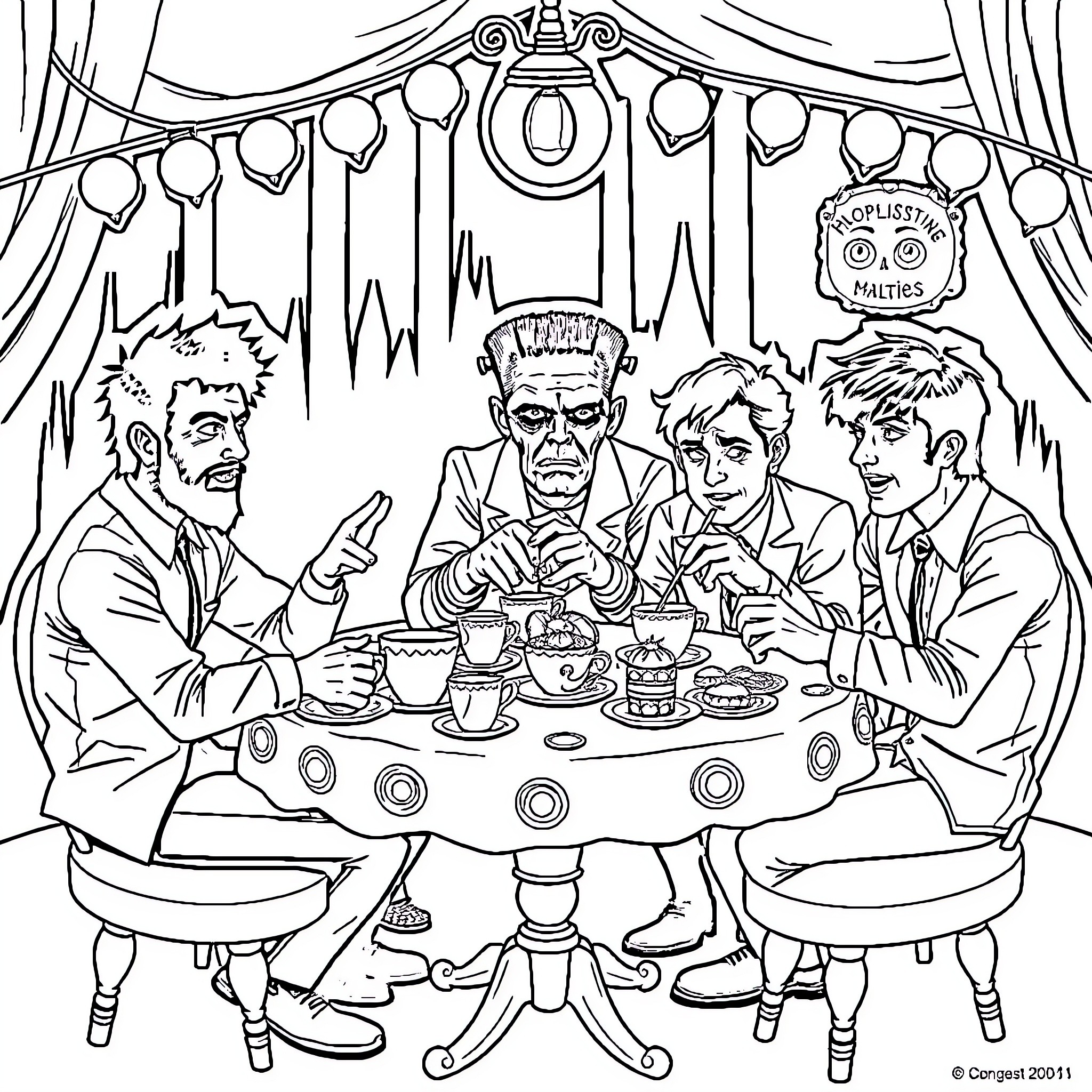 Beastie Boys Enjoy Eccentric Dining Experience Coloring Page (free black-and-white line drawing printable PDF for all, from beginners to advanced learners, including children, teens, adults, and seniors)
