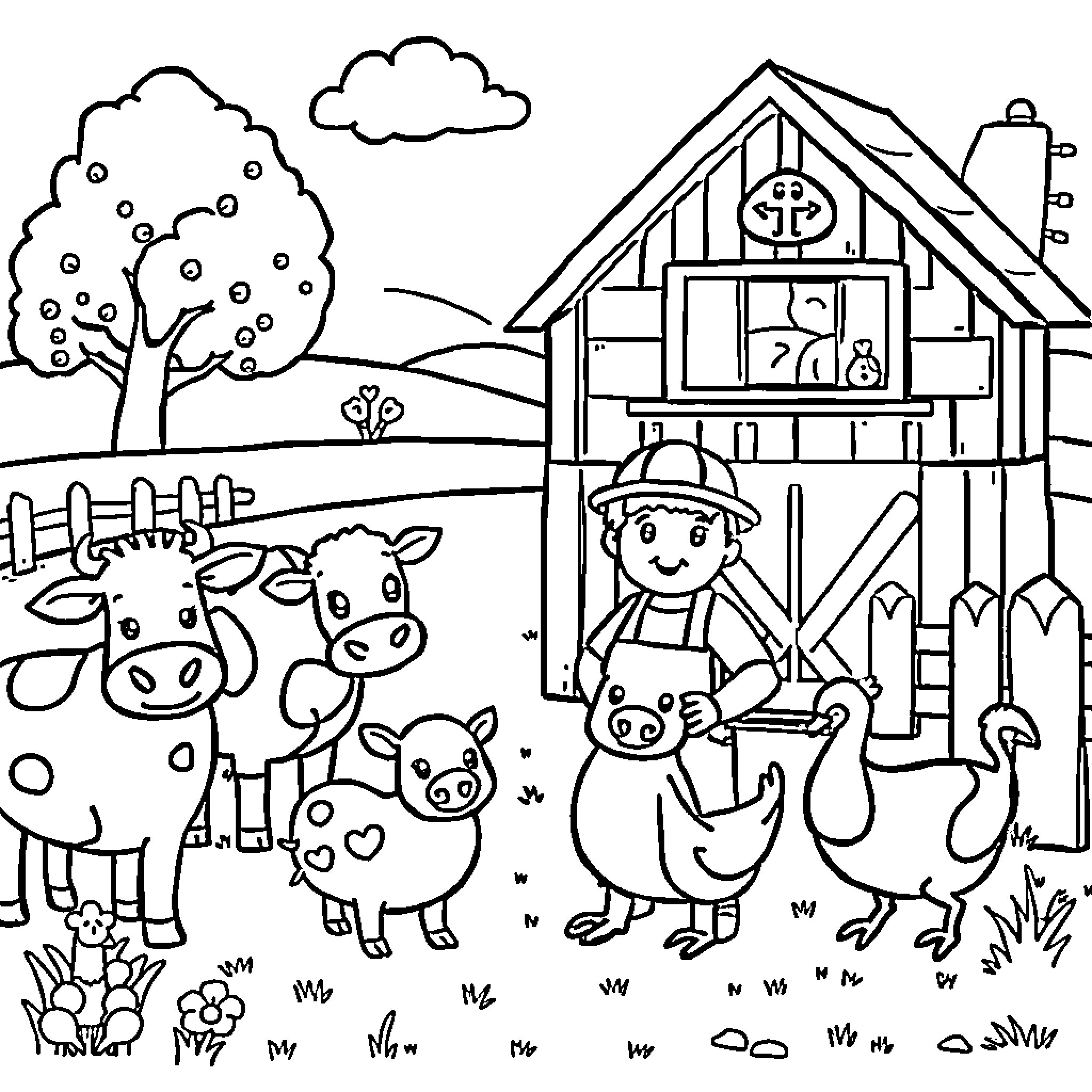 Farm Animal Farm Scene with Farmer and Livestock Coloring Page (free black-and-white line drawing printable PDF for all, from beginners to advanced learners, including children, teens, adults, and seniors)