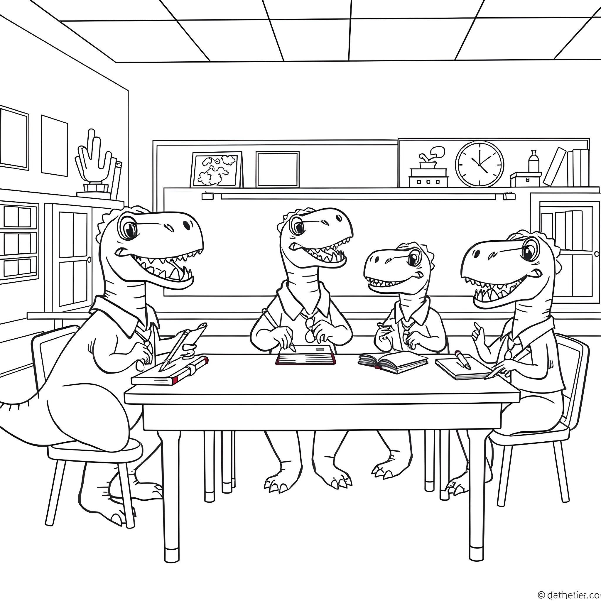 Dinosaurs studying and reading in classroom Coloring Page (free black-and-white line drawing printable PDF for all, from beginners to advanced learners, including children, teens, adults, and seniors)