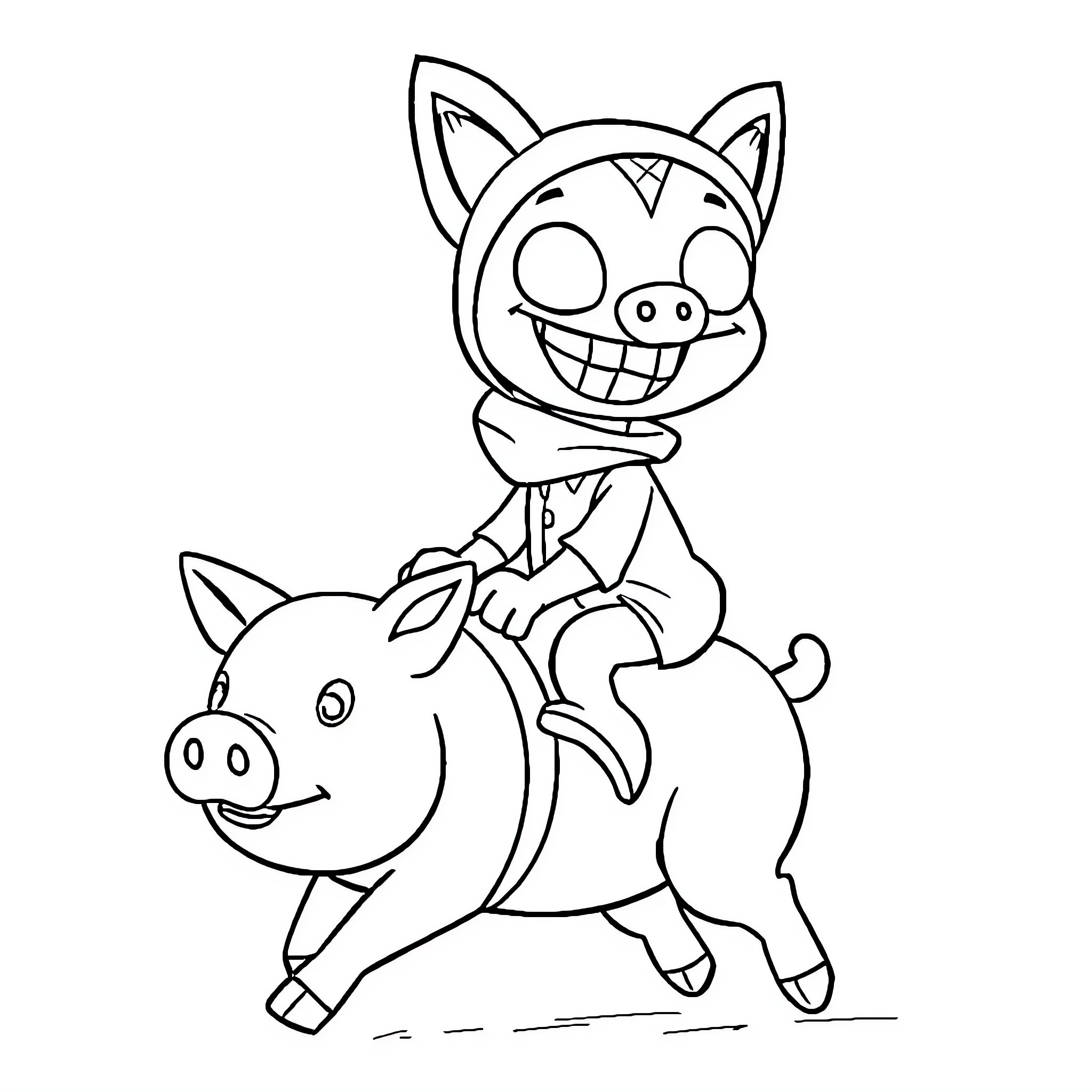 Gir riding joyfully on a pig Coloring Page (free black-and-white line drawing printable PDF for all, from beginners to advanced learners, including children, teens, adults, and seniors)