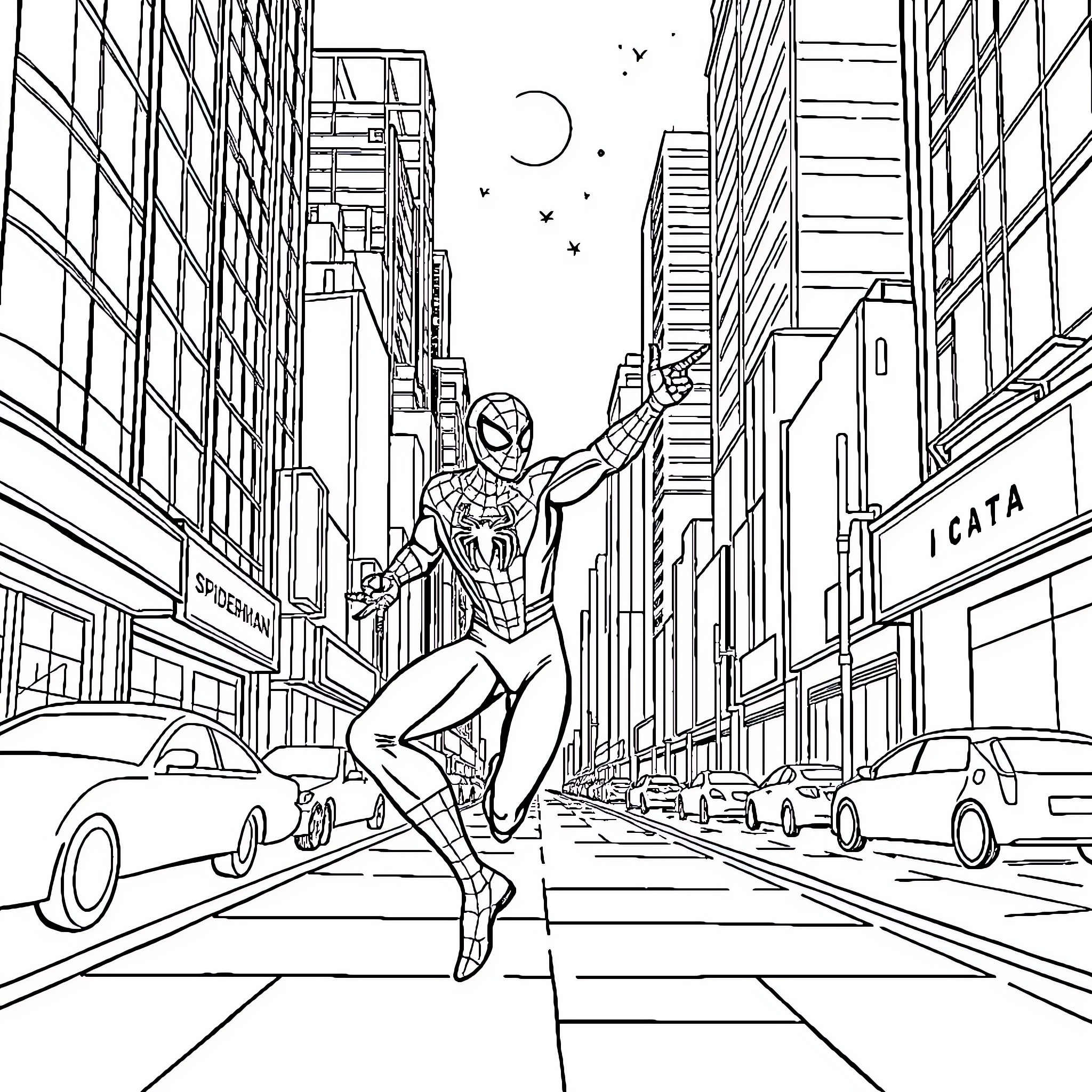 Spiderman swinging through the city streets Coloring Page (free black-and-white line drawing printable PDF for all, from beginners to advanced learners, including children, teens, adults, and seniors)