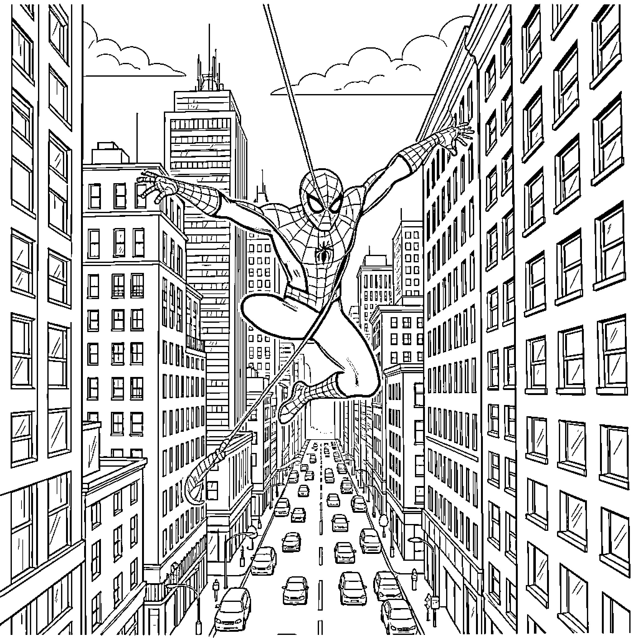 Spiderman swinging through the city skyscrapers Coloring Page (free black-and-white line drawing printable PDF for all, from beginners to advanced learners, including children, teens, adults, and seniors)