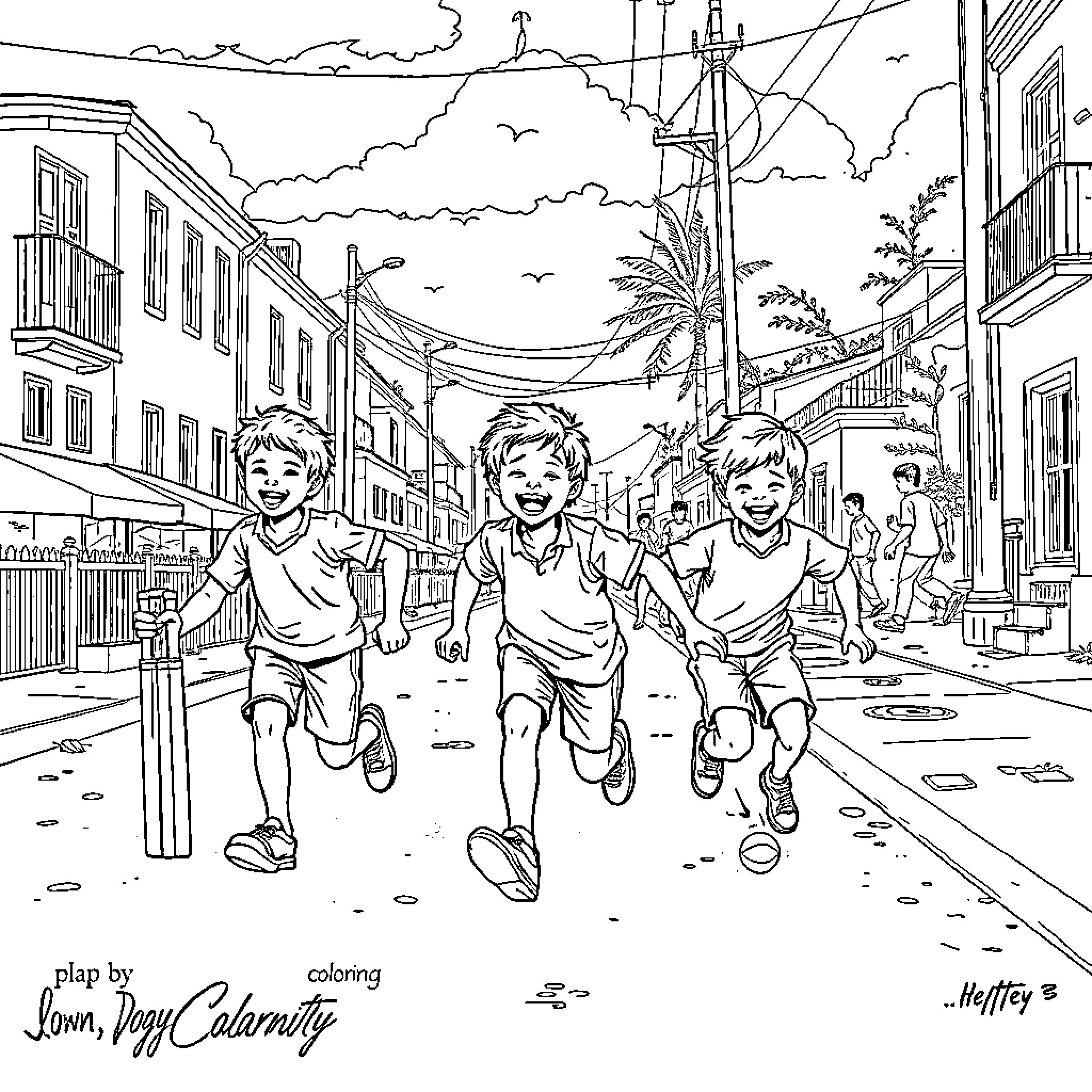 Boys running joyfully down a city street Coloring Page (free black-and-white line drawing printable PDF for all, from beginners to advanced learners, including children, teens, adults, and seniors)