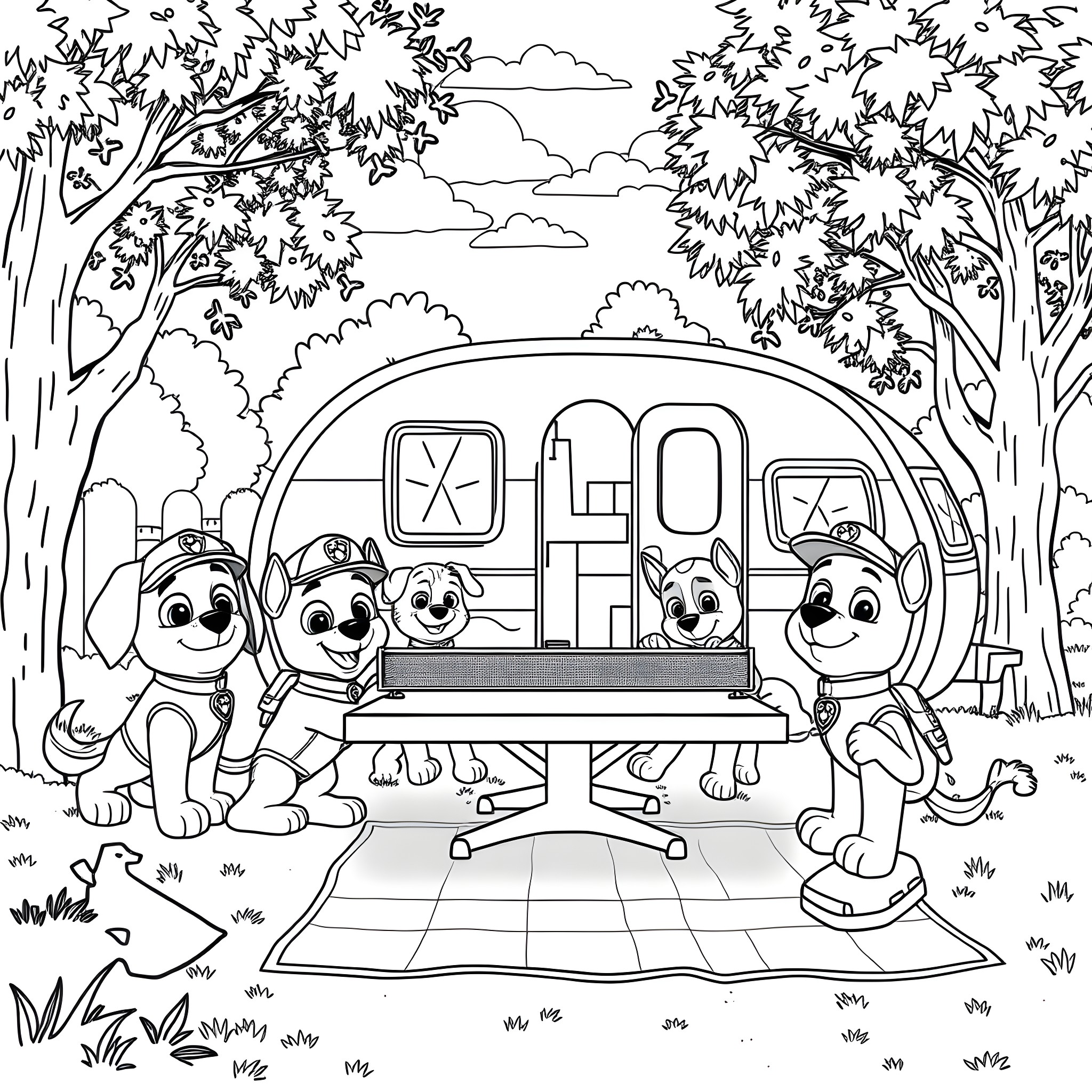Paw Patrol Puppies Exploring the Campsite Coloring Page (free black-and-white line drawing printable PDF for all, from beginners to advanced learners, including children, teens, adults, and seniors)