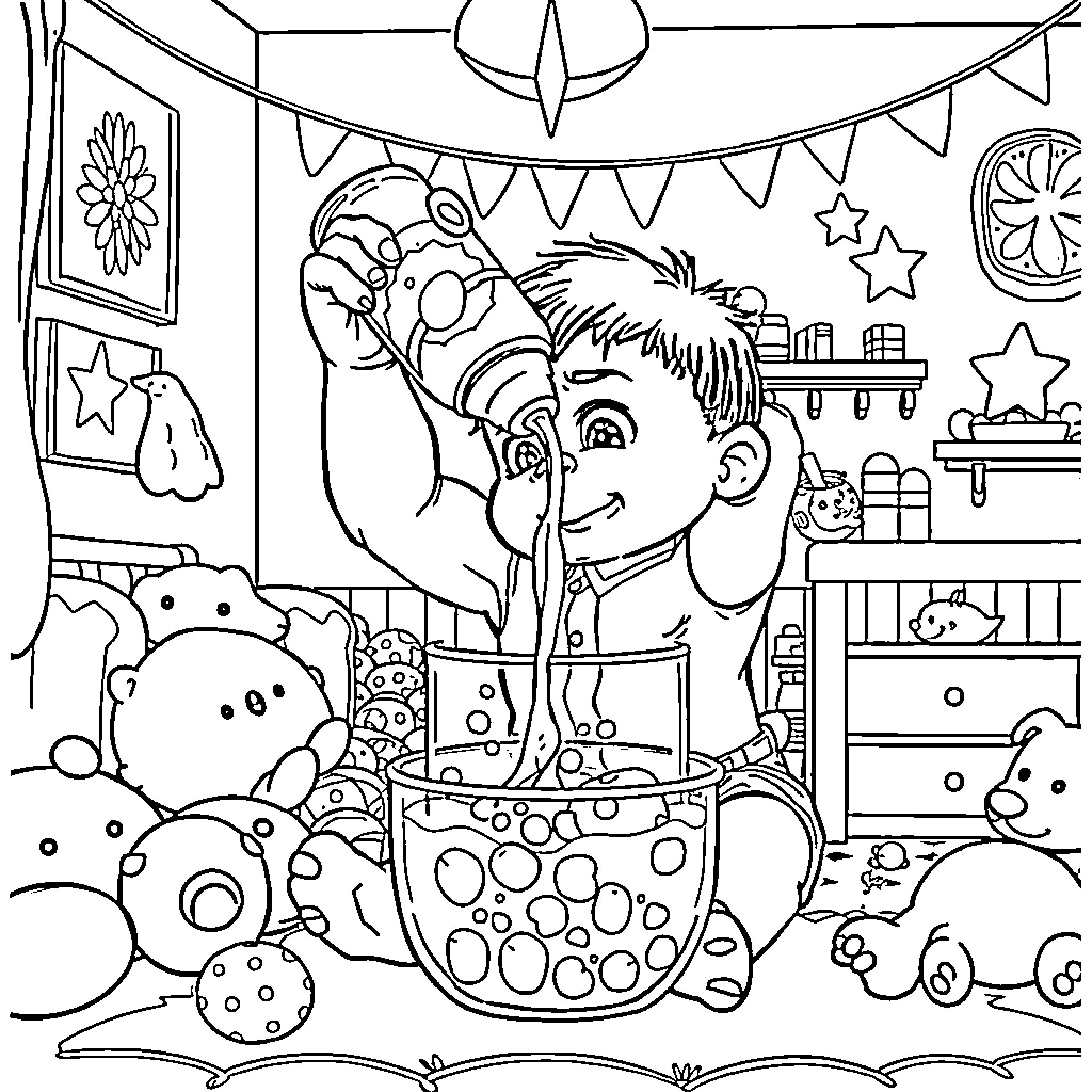 Incredible Hulk helps boy play with toys in room Coloring Page (free black-and-white line drawing printable PDF for all, from beginners to advanced learners, including children, teens, adults, and seniors)