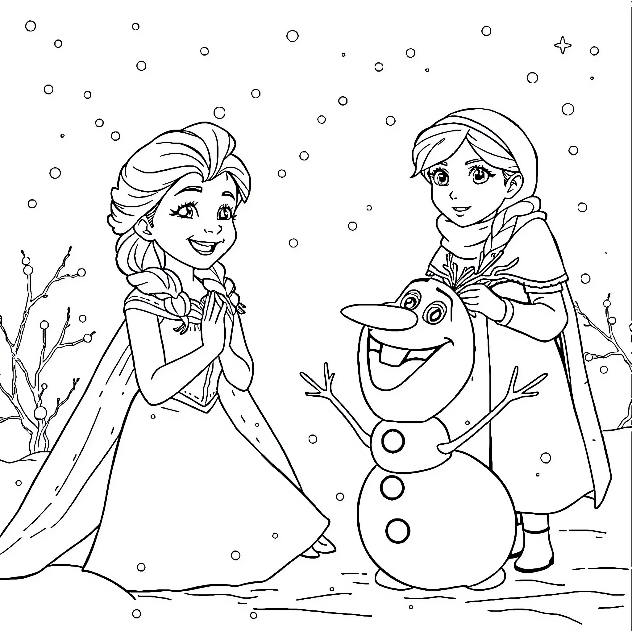 Elsa and Olaf building a snowman together Coloring Page (free black-and-white line drawing printable PDF for all, from beginners to advanced learners, including children, teens, adults, and seniors)