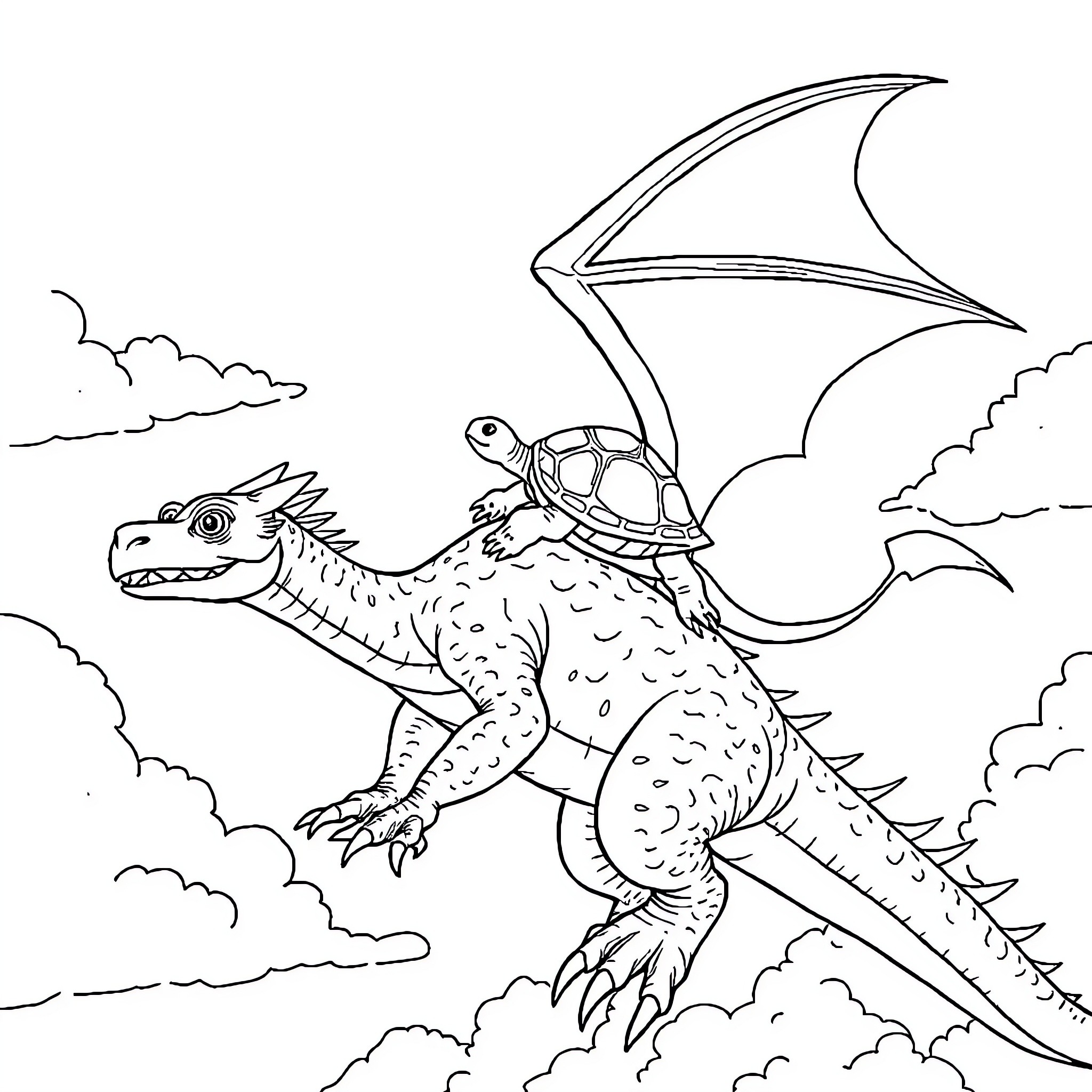 Turtle dragon flying over the clouds Coloring Page (free black-and-white line drawing printable PDF for all, from beginners to advanced learners, including children, teens, adults, and seniors)