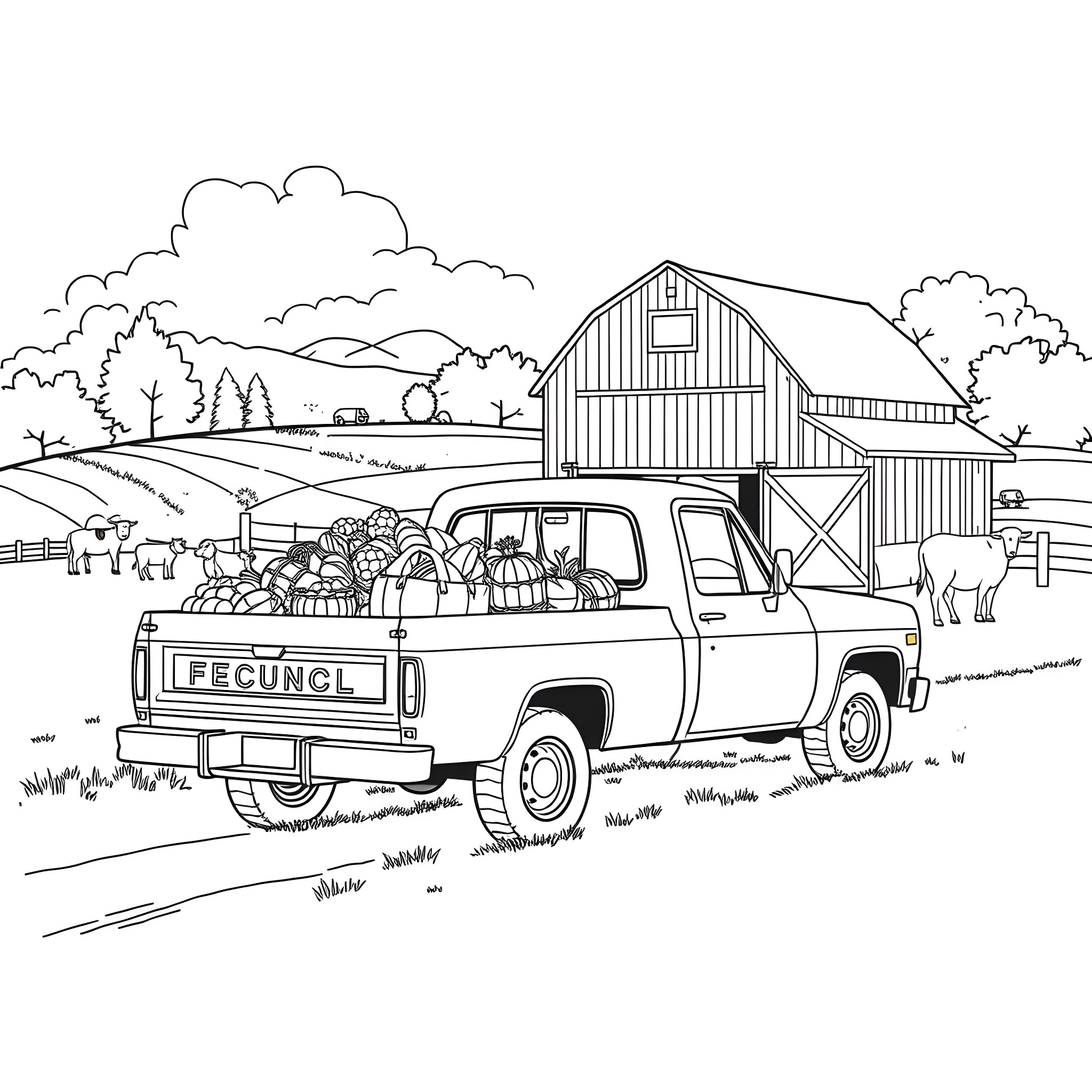 Pickup truck transporting produce on a farm Coloring Page (free black-and-white line drawing printable PDF for all, from beginners to advanced learners, including children, teens, adults, and seniors)