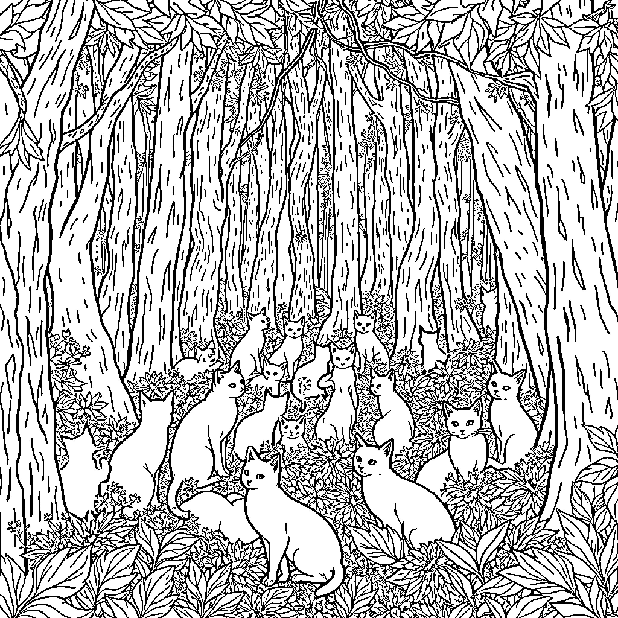 Cats in a Whimsical Forest Coloring Page (free black-and-white line drawing printable PDF for all, from beginners to advanced learners, including children, teens, adults, and seniors)