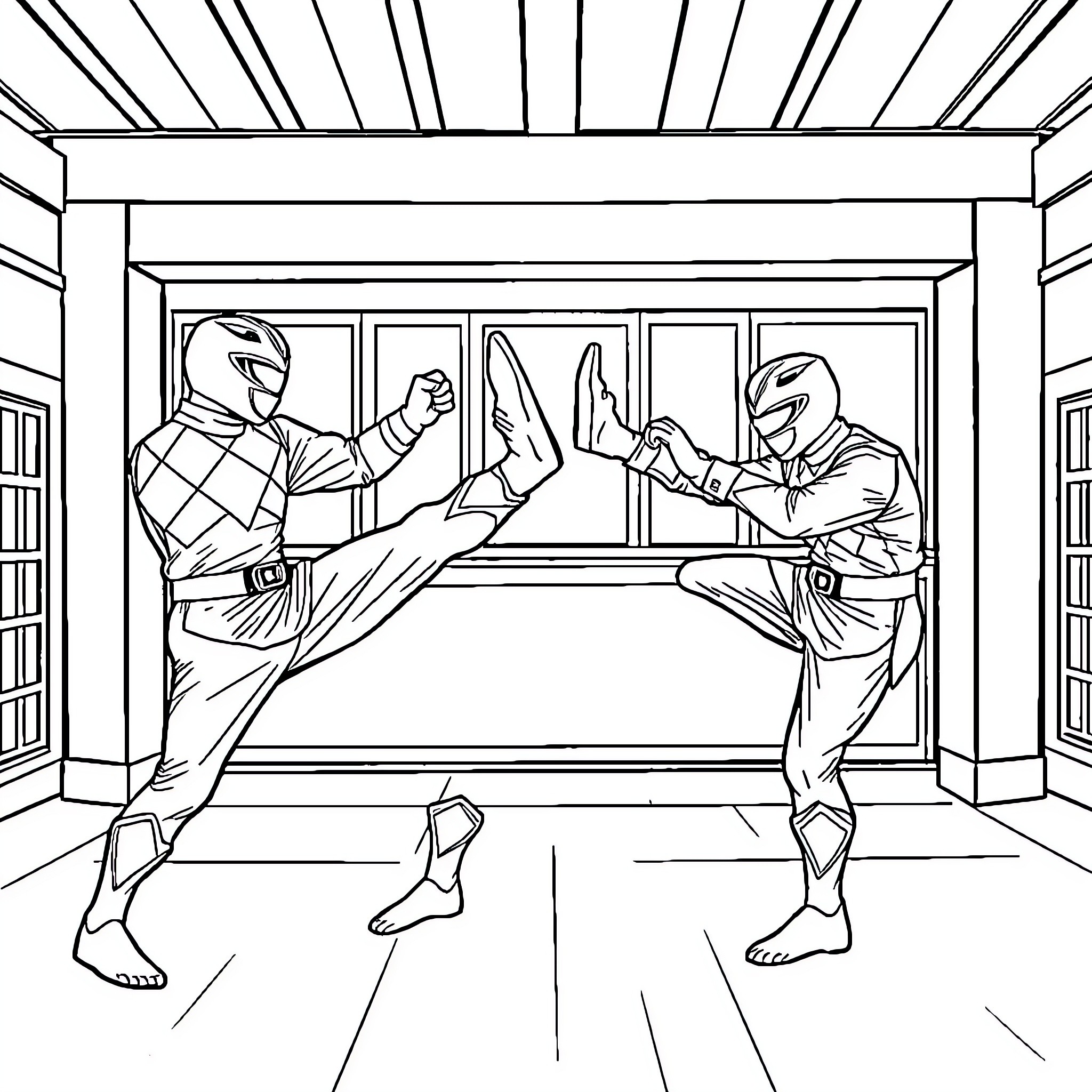 Power Rangers Engage in Martial Arts Training Coloring Page (free black-and-white line drawing printable PDF for all, from beginners to advanced learners, including children, teens, adults, and seniors)