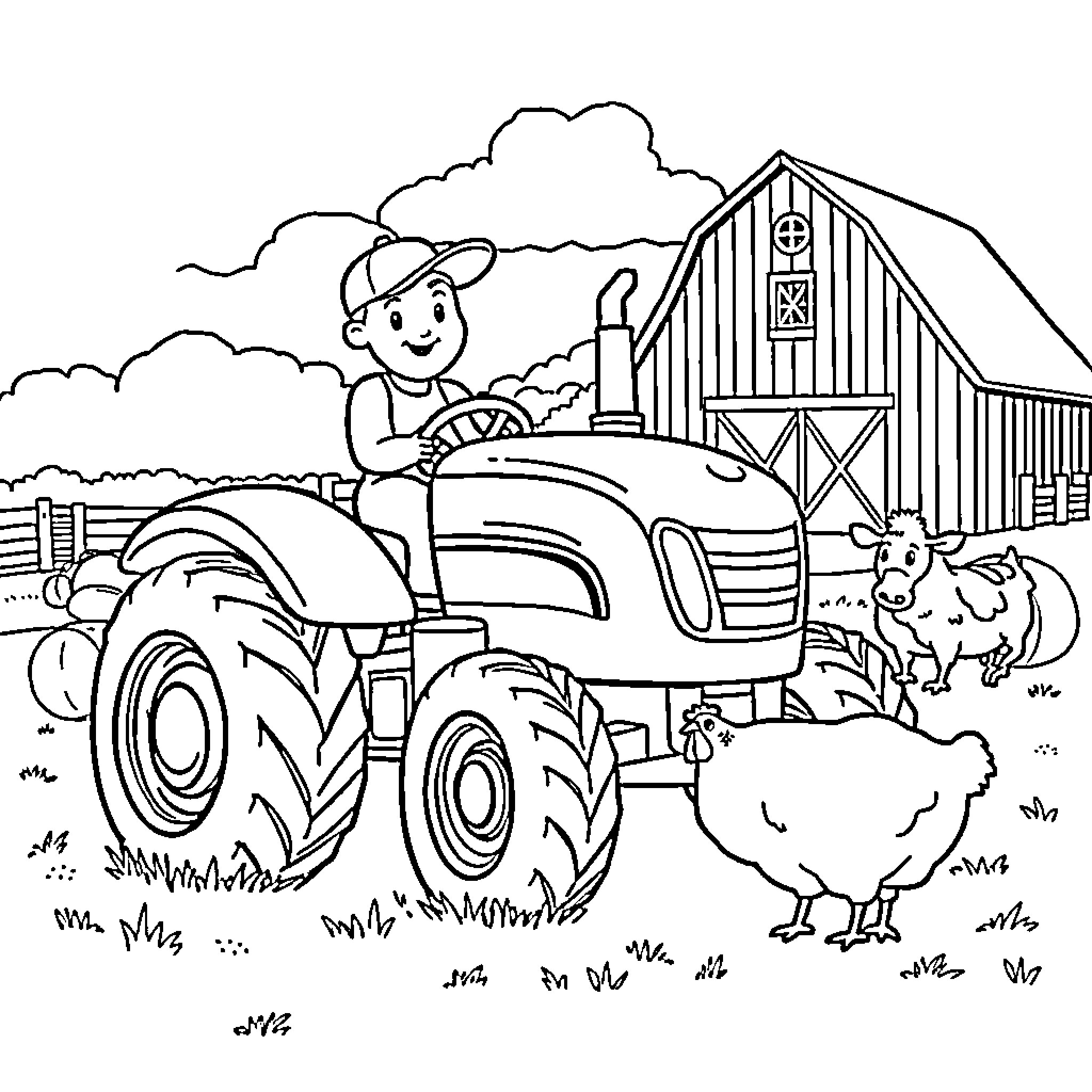 Tractor driving on the farm with barn and animals Coloring Page (free black-and-white line drawing printable PDF for all, from beginners to advanced learners, including children, teens, adults, and seniors)