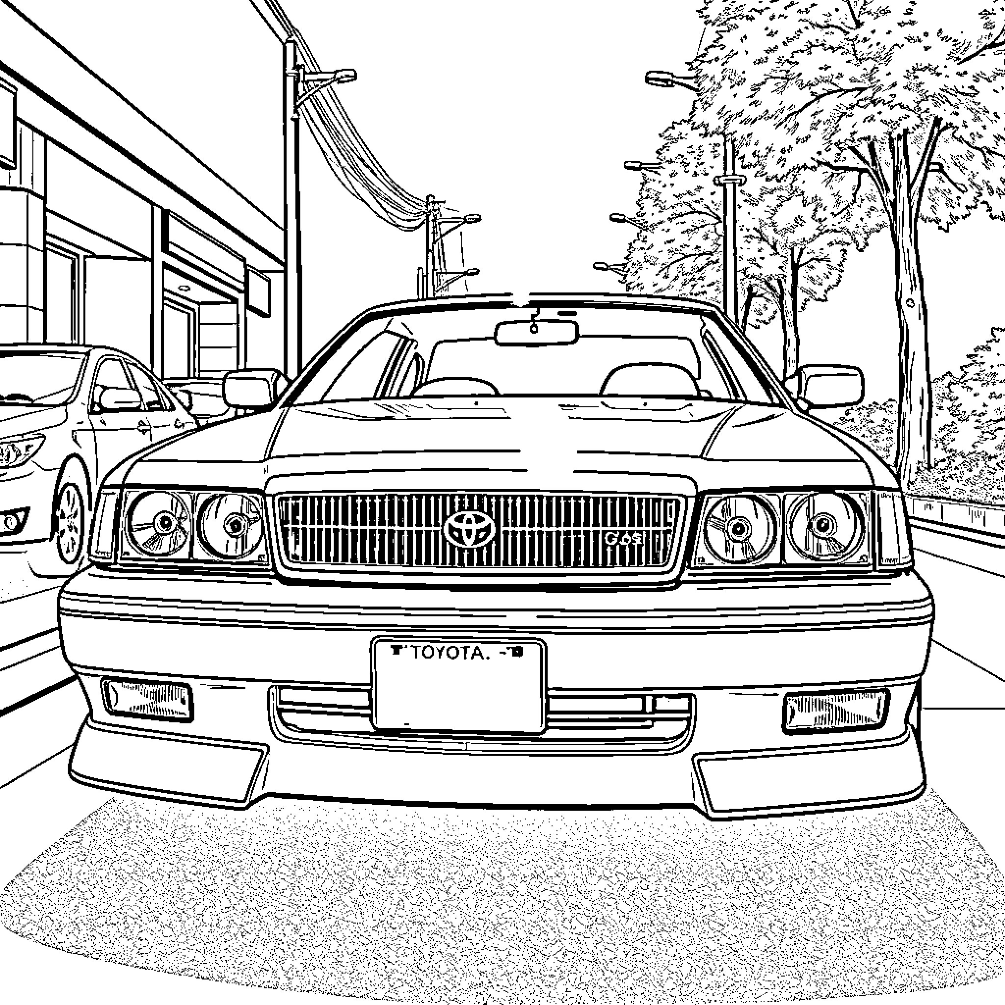 Toyota Crown parked on a street with trees Coloring Page (free black-and-white line drawing printable PDF for all, from beginners to advanced learners, including children, teens, adults, and seniors)